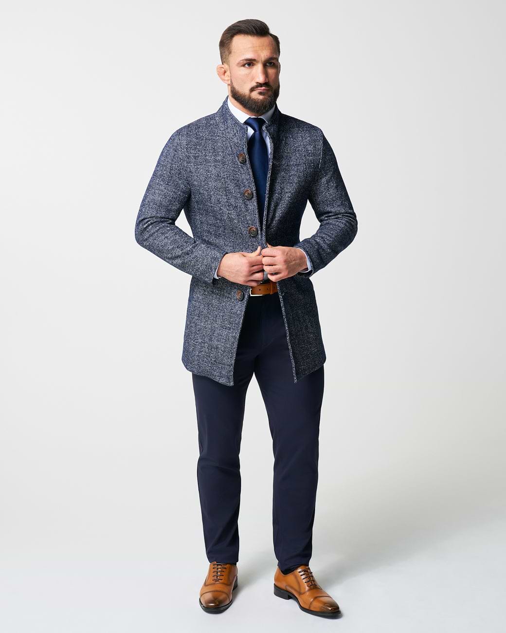 Open Button Overcoat - Navy Herringbone