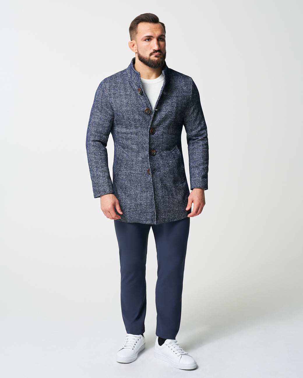 Open Button Overcoat - Navy Herringbone