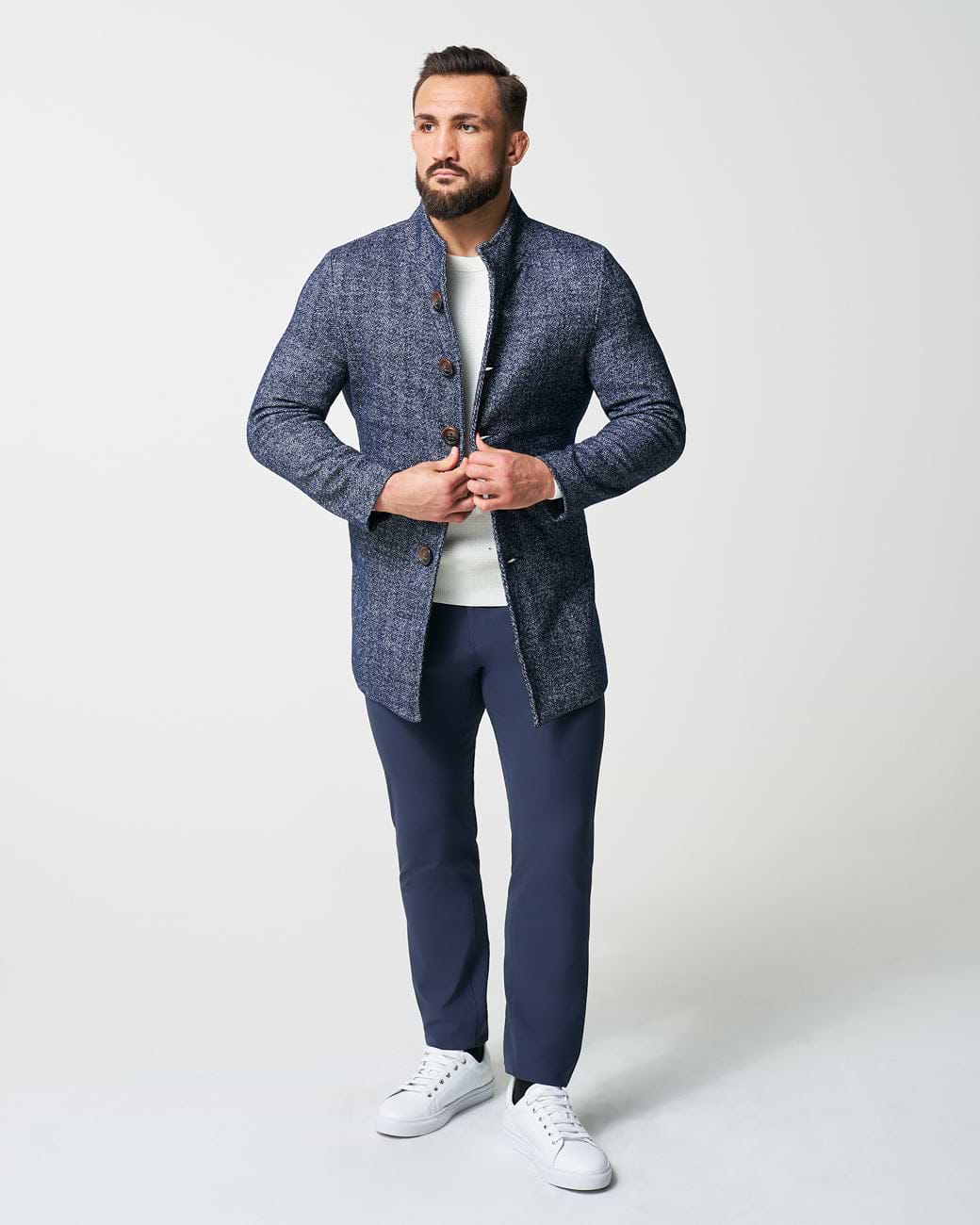 Open Button Overcoat - Navy Herringbone