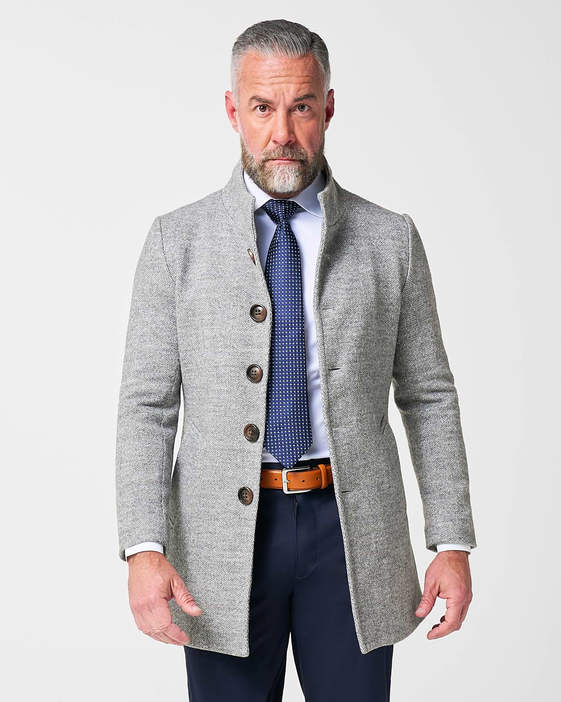 Open Button Overcoat - Grey Herringbone