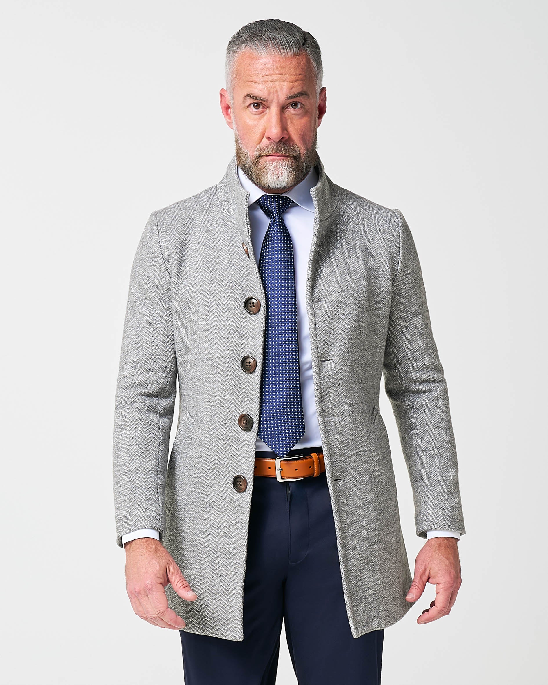 Open Button Overcoat - Grey Herringbone
