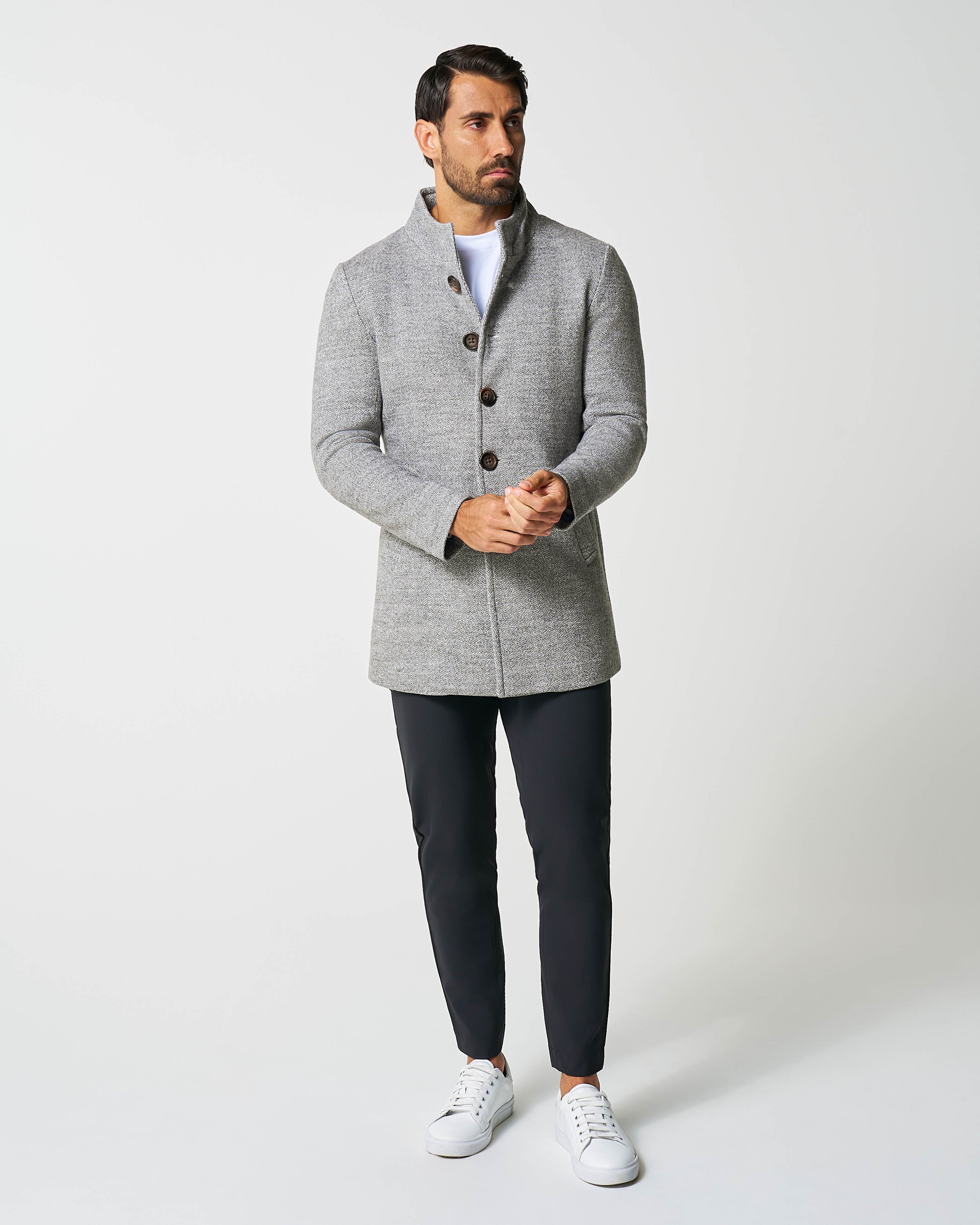 Open Button Overcoat - Grey Herringbone