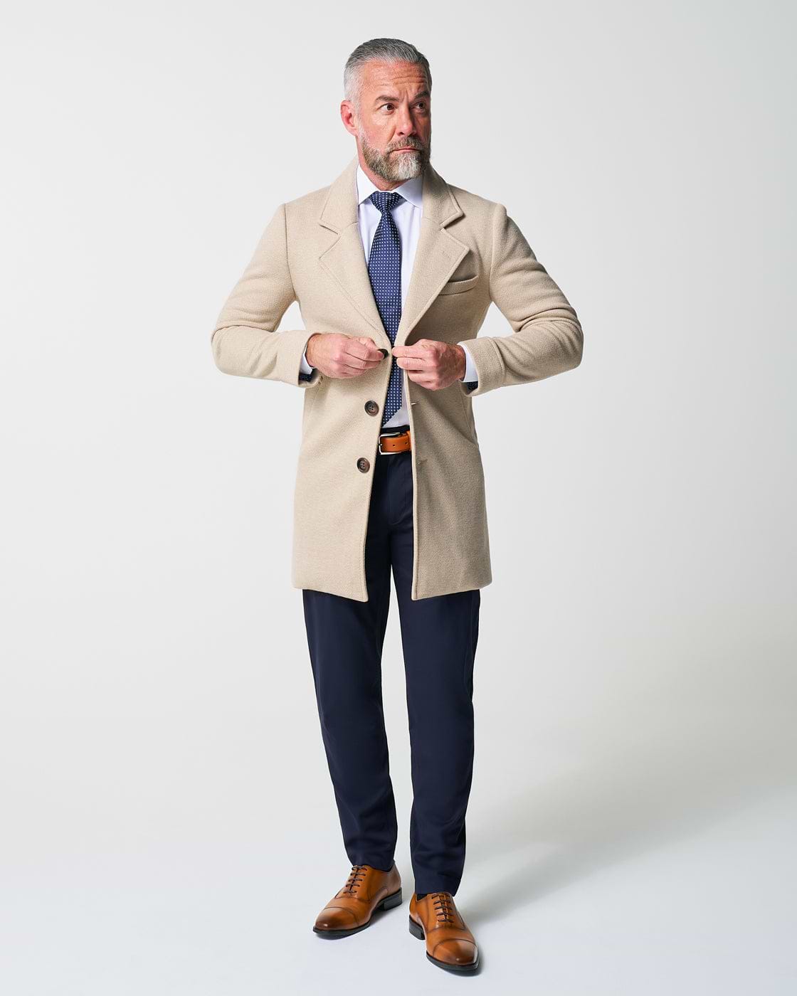 3 Button Overcoat - Tan Herringbone
