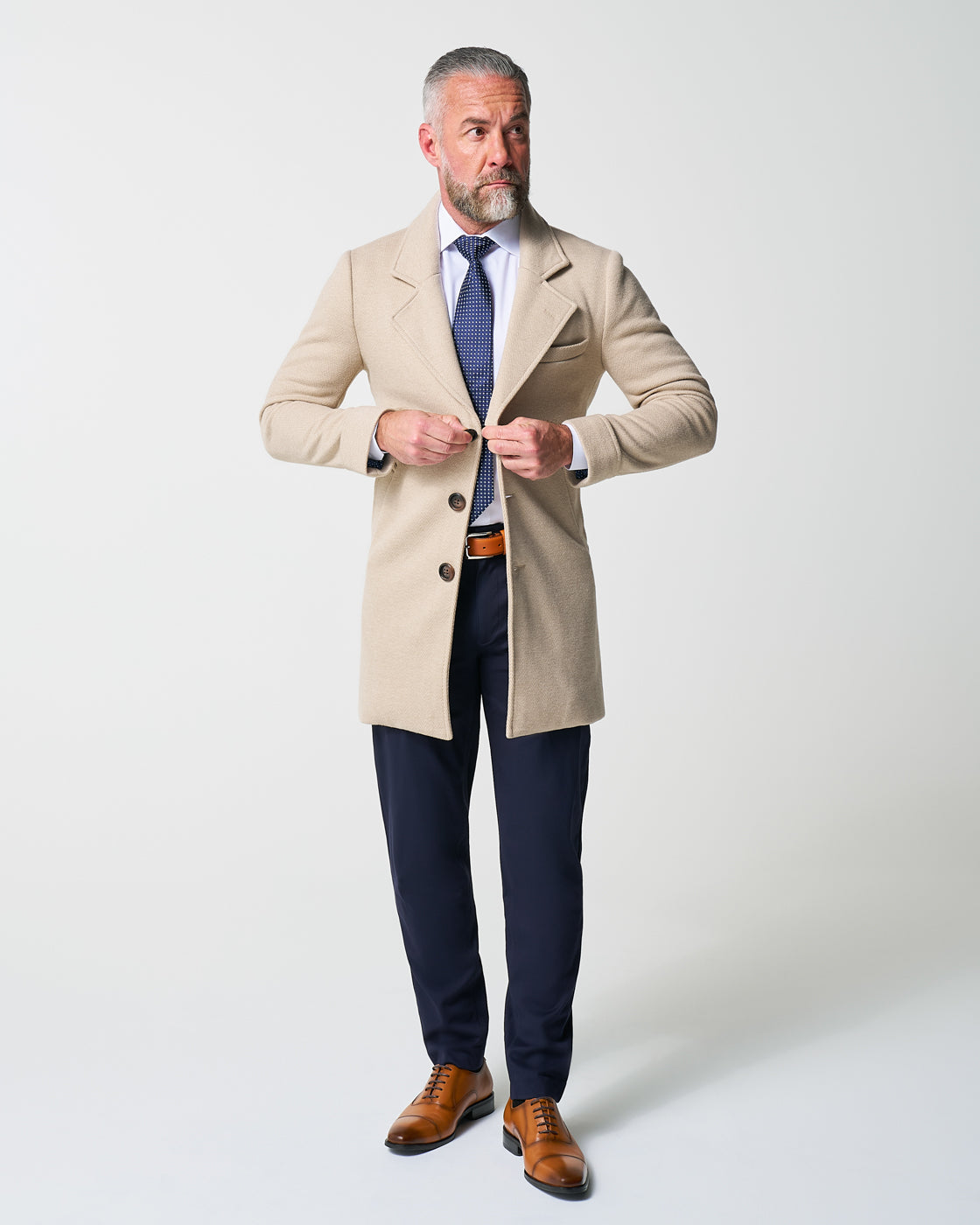 3 Button Overcoat - Tan Herringbone