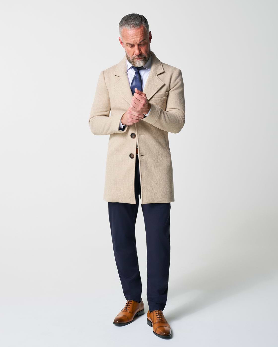 3 Button Overcoat - Tan Herringbone