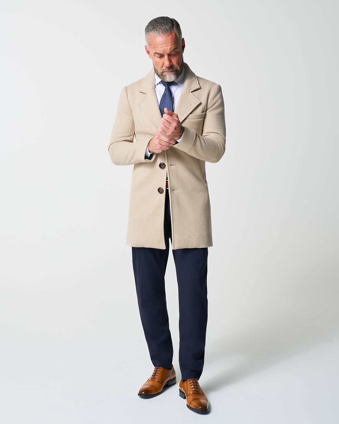 3 Button Overcoat - Tan Herringbone