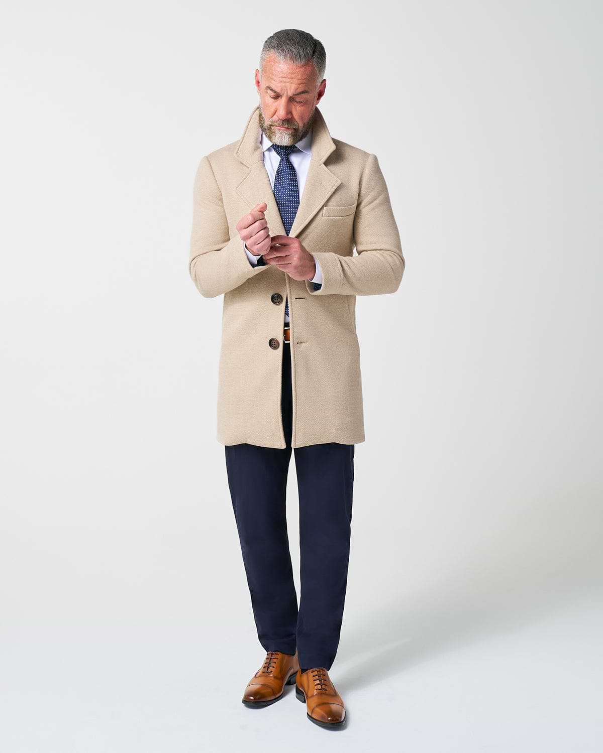 3 Button Overcoat - Tan Herringbone