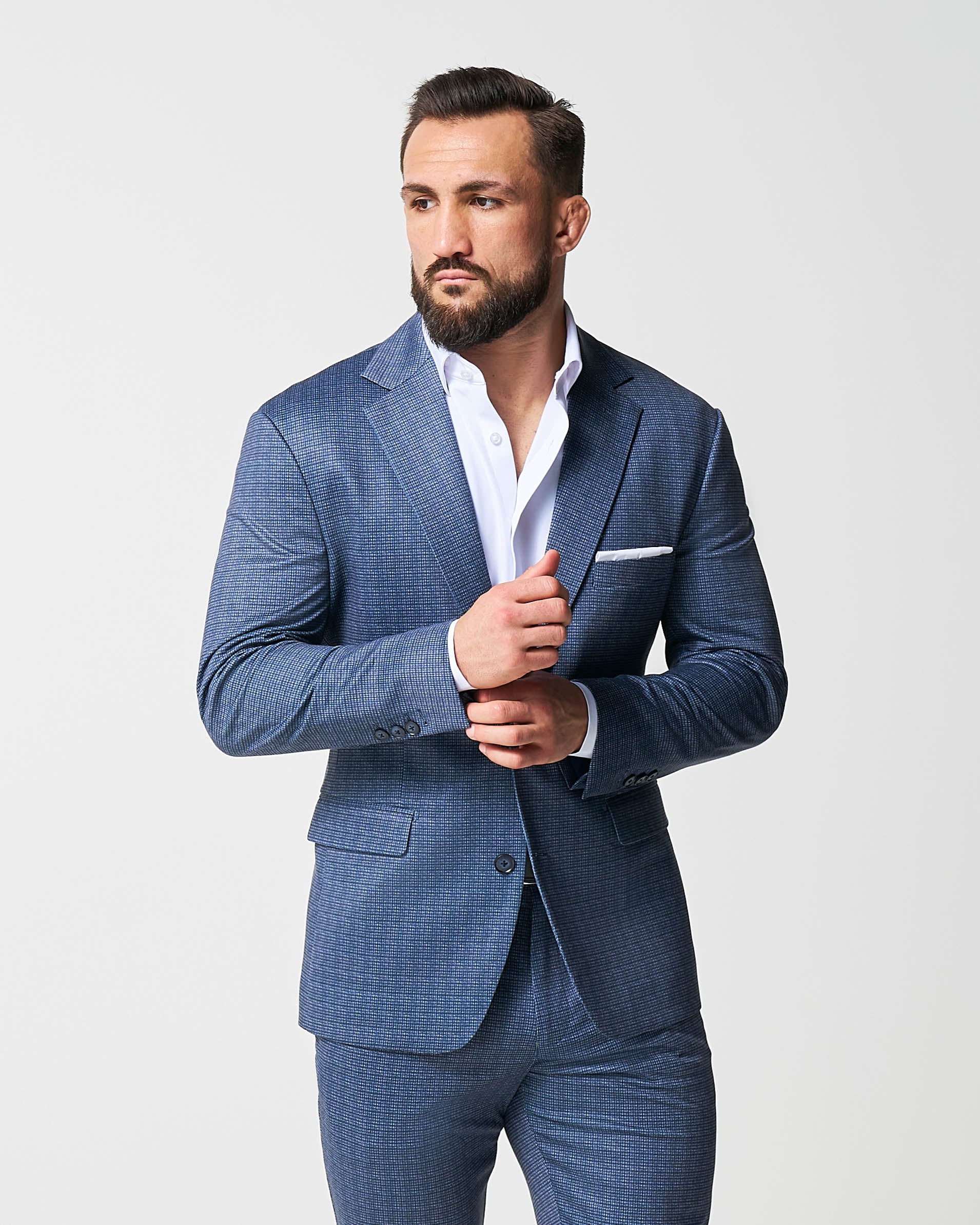 Athletic Fit Stretch Blazer - Blue Mini Windowpane with Light Grey Microcheck