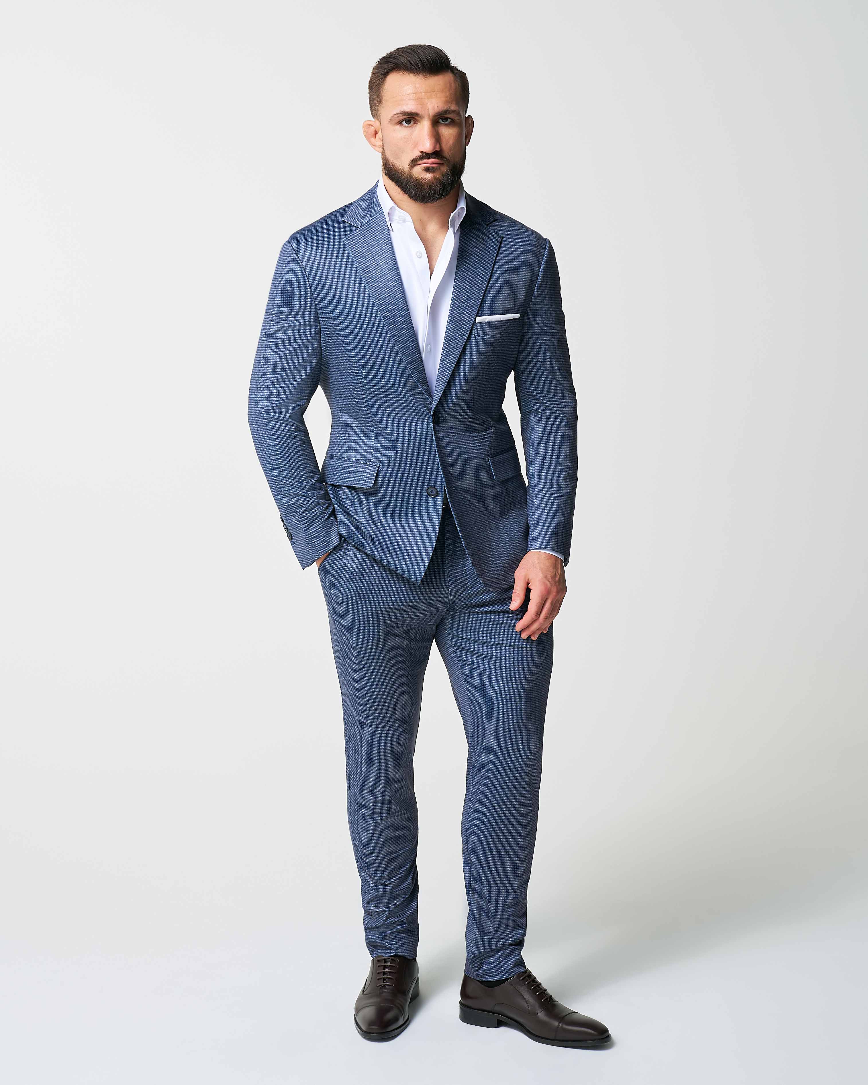 Athletic Fit Stretch Blazer - Blue Mini Windowpane with Light Grey Microcheck