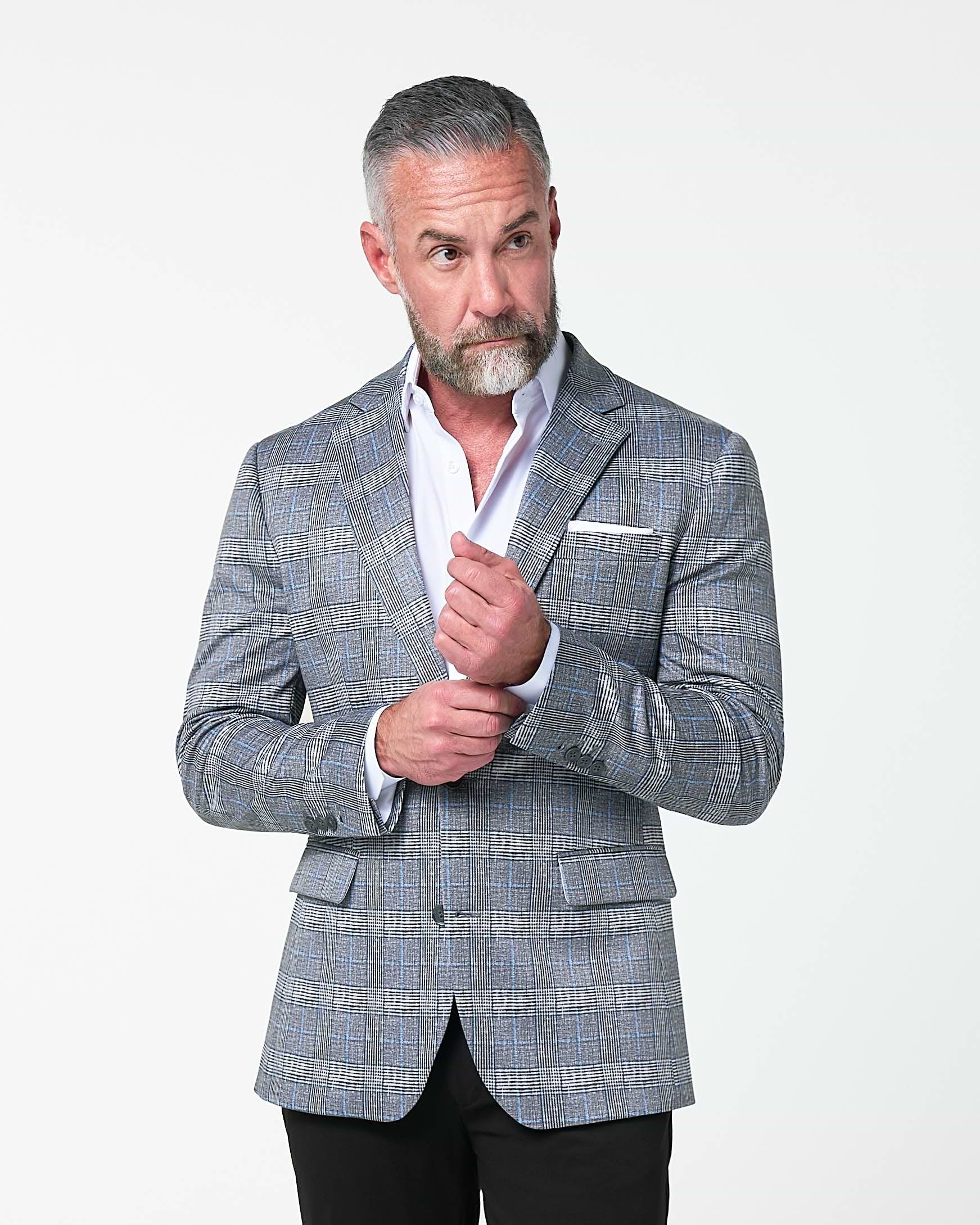 Athletic Fit Stretch Blazer - Grey with Blue Plaid