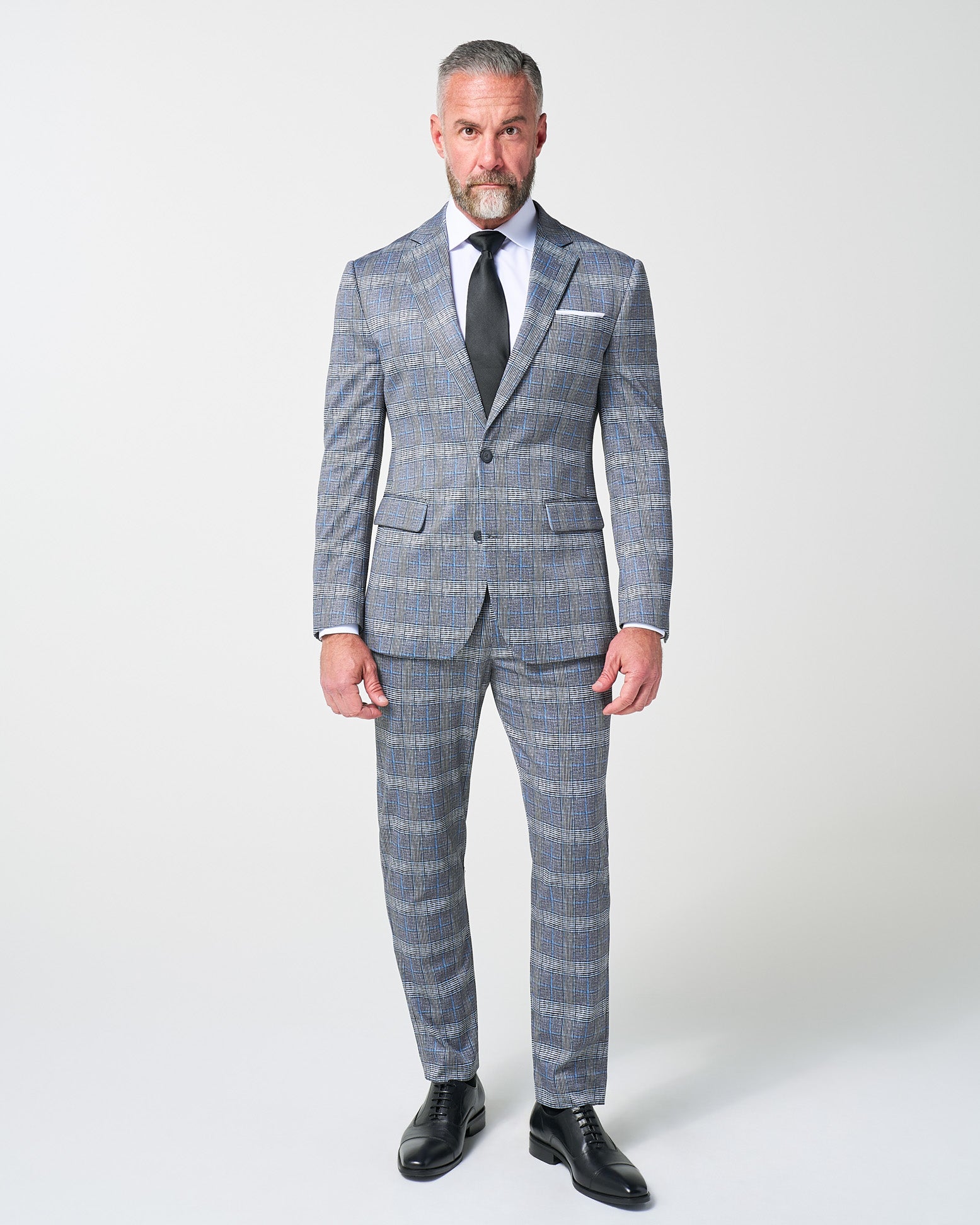 Athletic Fit Stretch Blazer - Grey with Blue Plaid