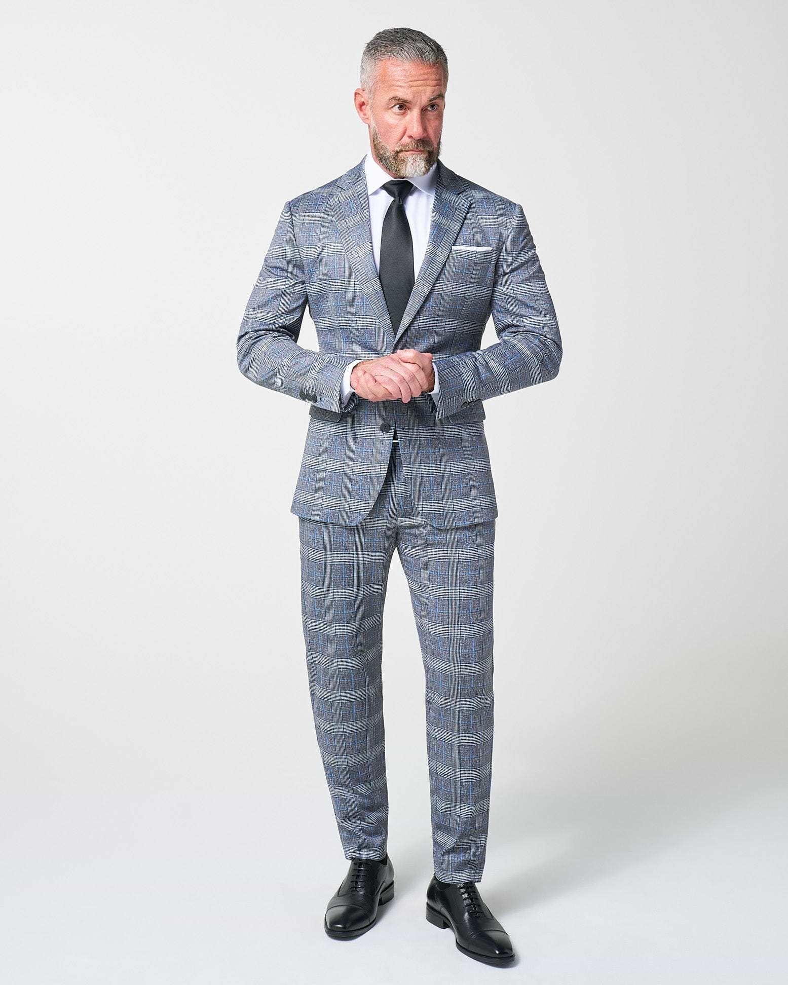 Athletic Fit Stretch Blazer - Grey with Blue Plaid