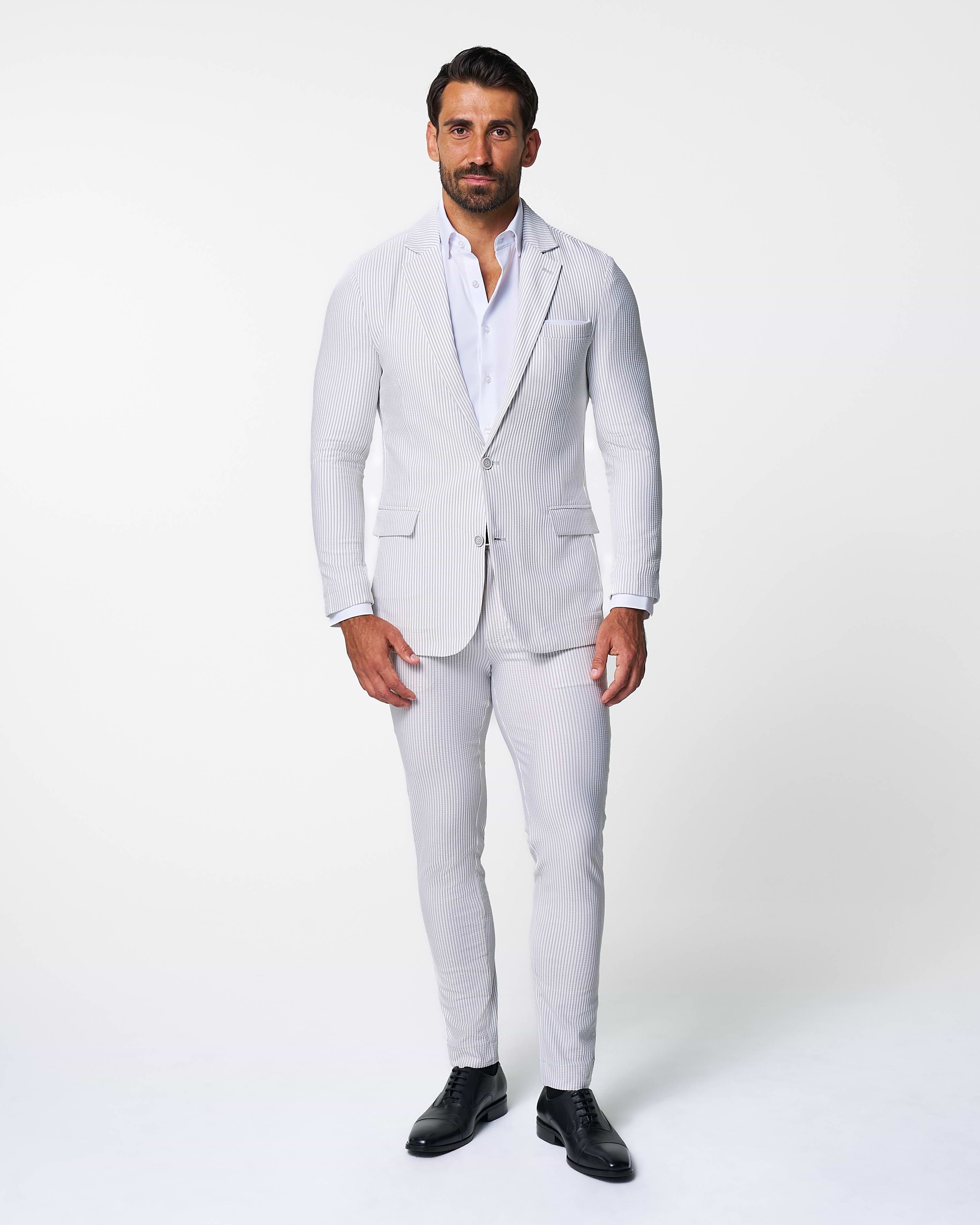 Athletic Fit Stretch Blazer - Grey & White Seersucker