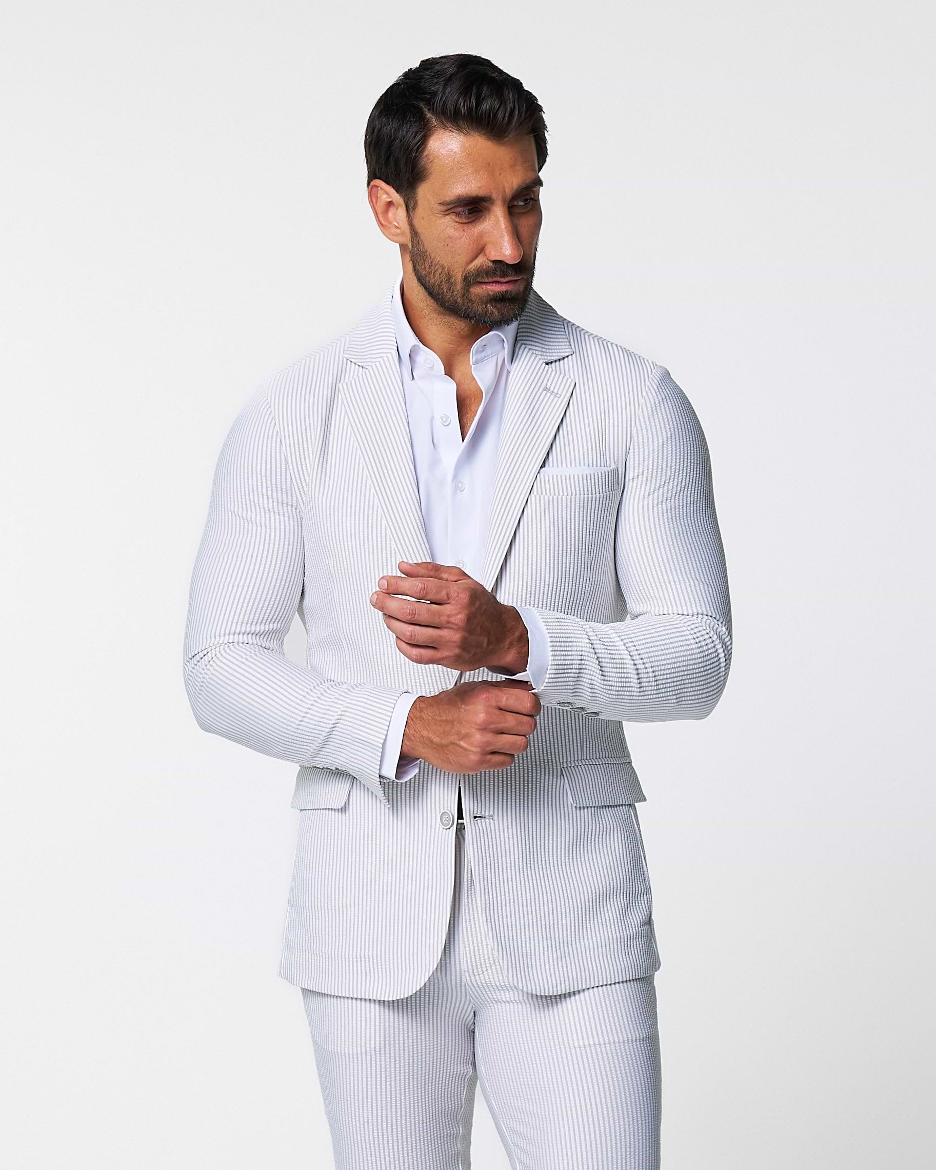 Athletic Fit Stretch Blazer - Grey & White Seersucker
