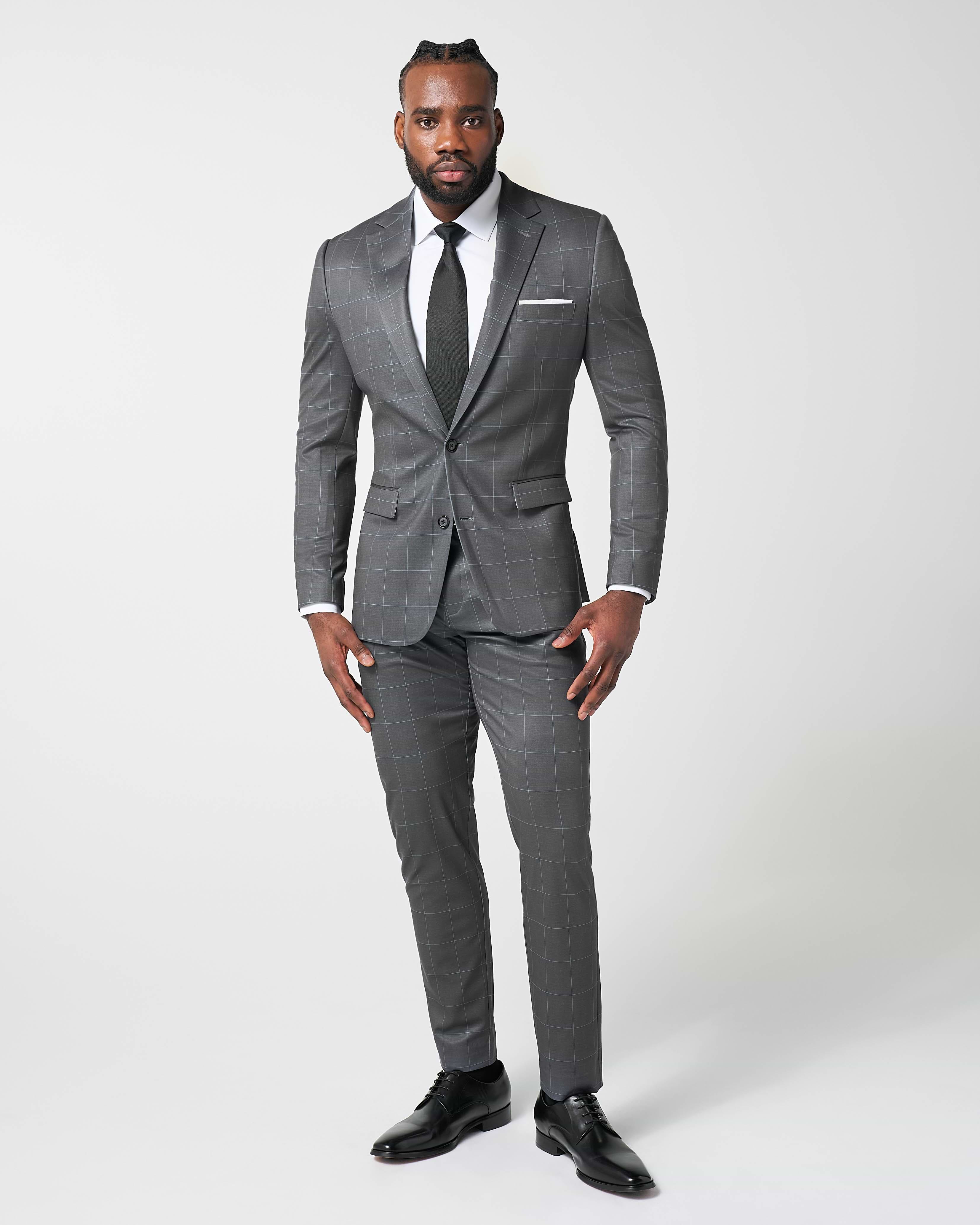 Athletic Fit Stretch Blazer - Grey and White Big Windowpane