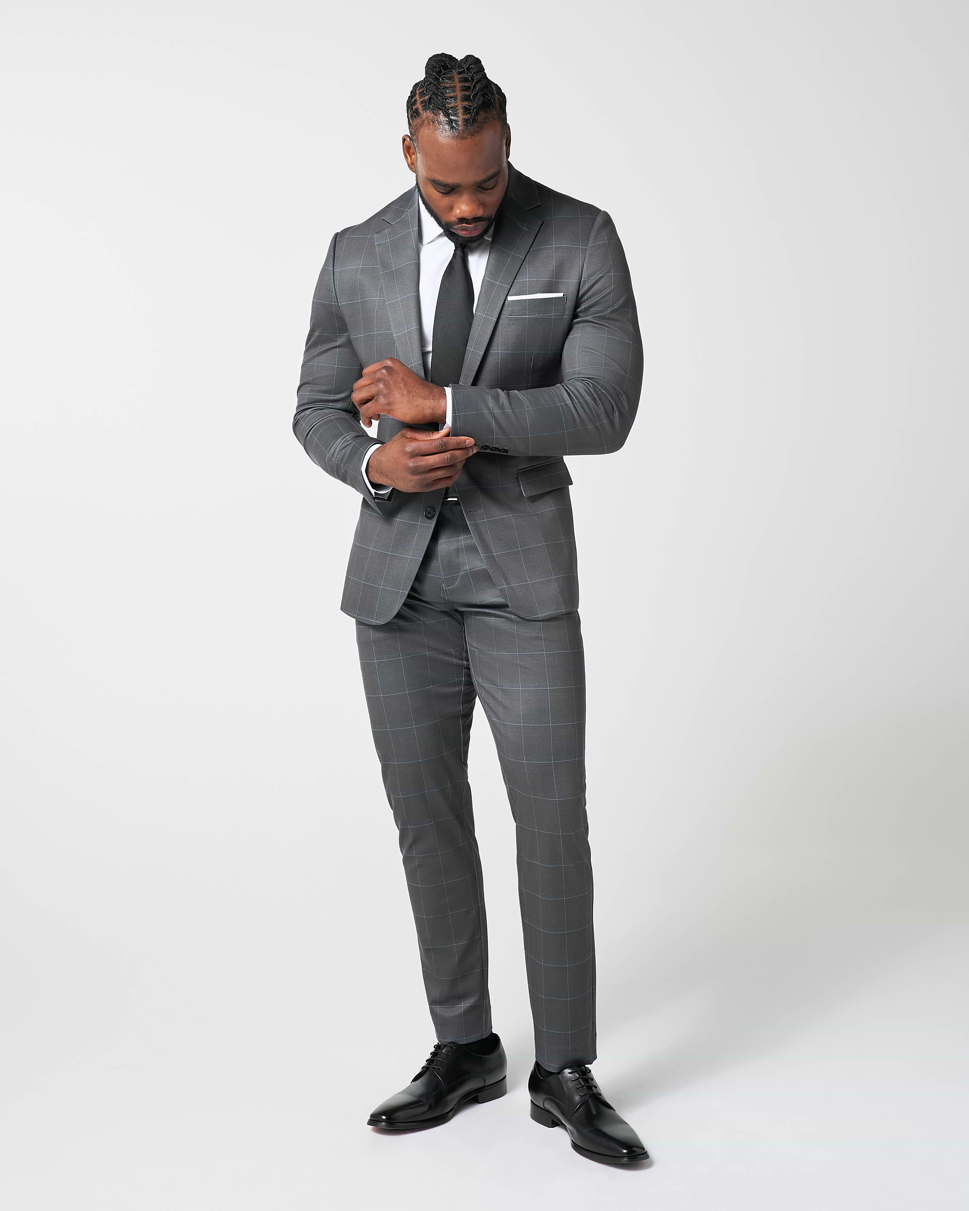 Athletic Fit Stretch Blazer - Grey and White Big Windowpane