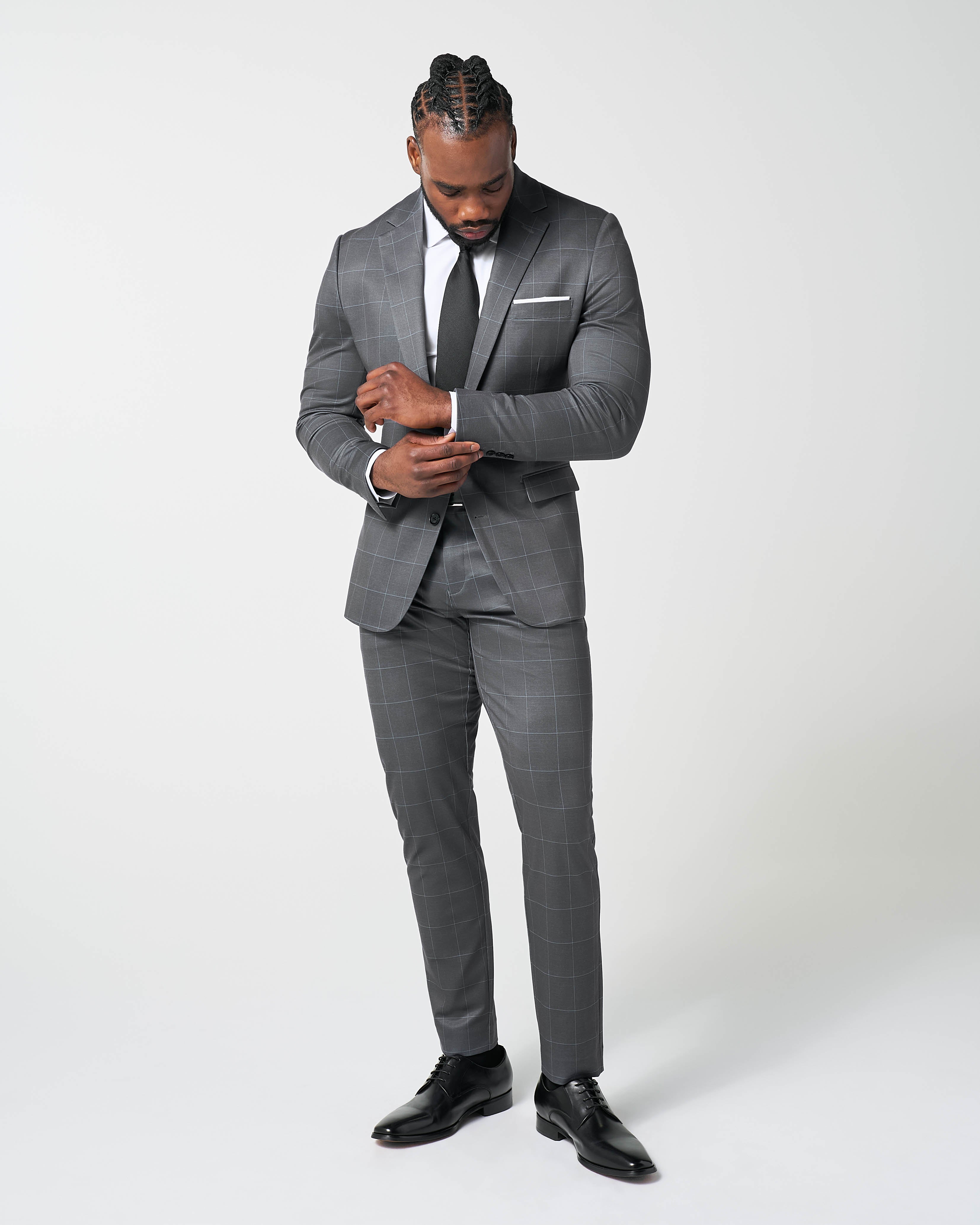 Athletic Fit Stretch Blazer - Grey and White Big Windowpane