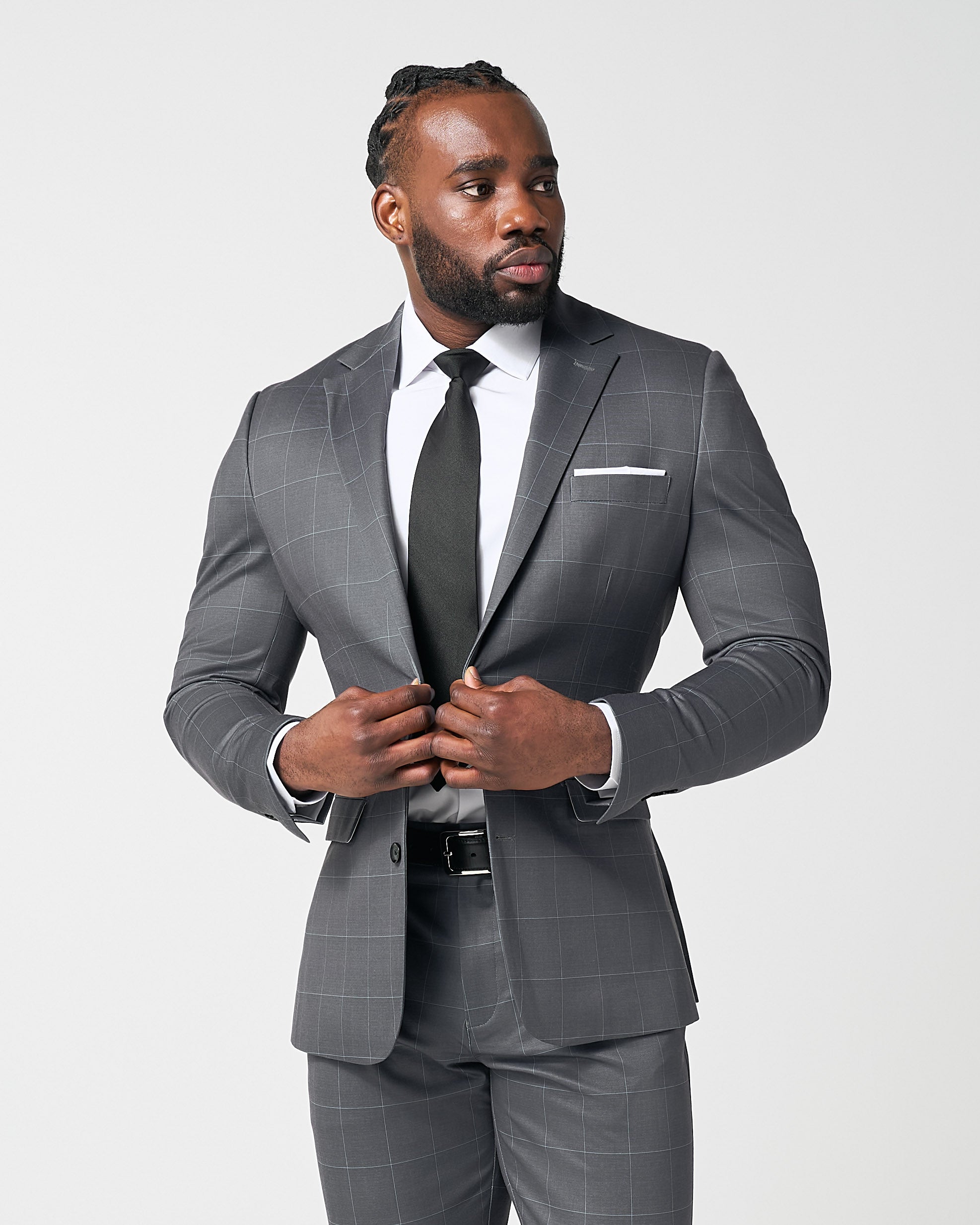 Athletic Fit Stretch Blazer - Grey and White Big Windowpane