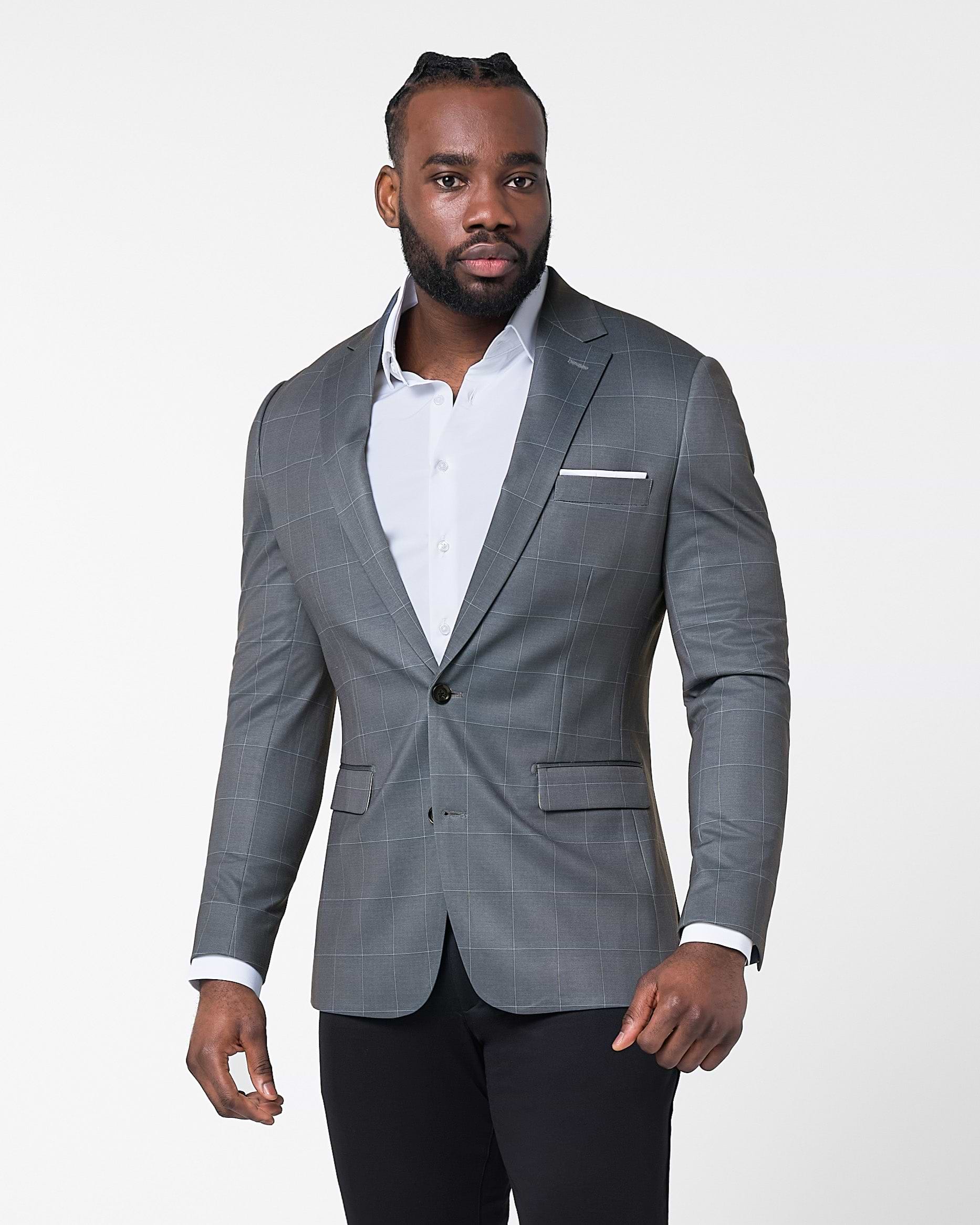 Athletic Fit Stretch Blazer - Grey and White Big Windowpane