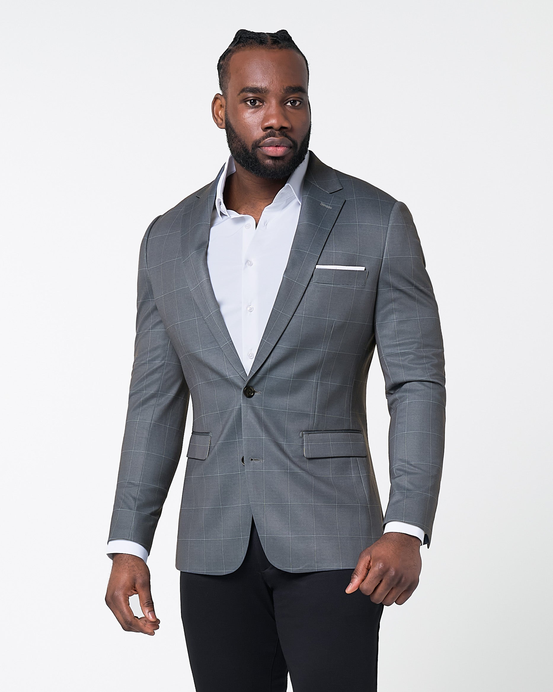 Athletic Fit Stretch Blazer - Grey and White Big Windowpane