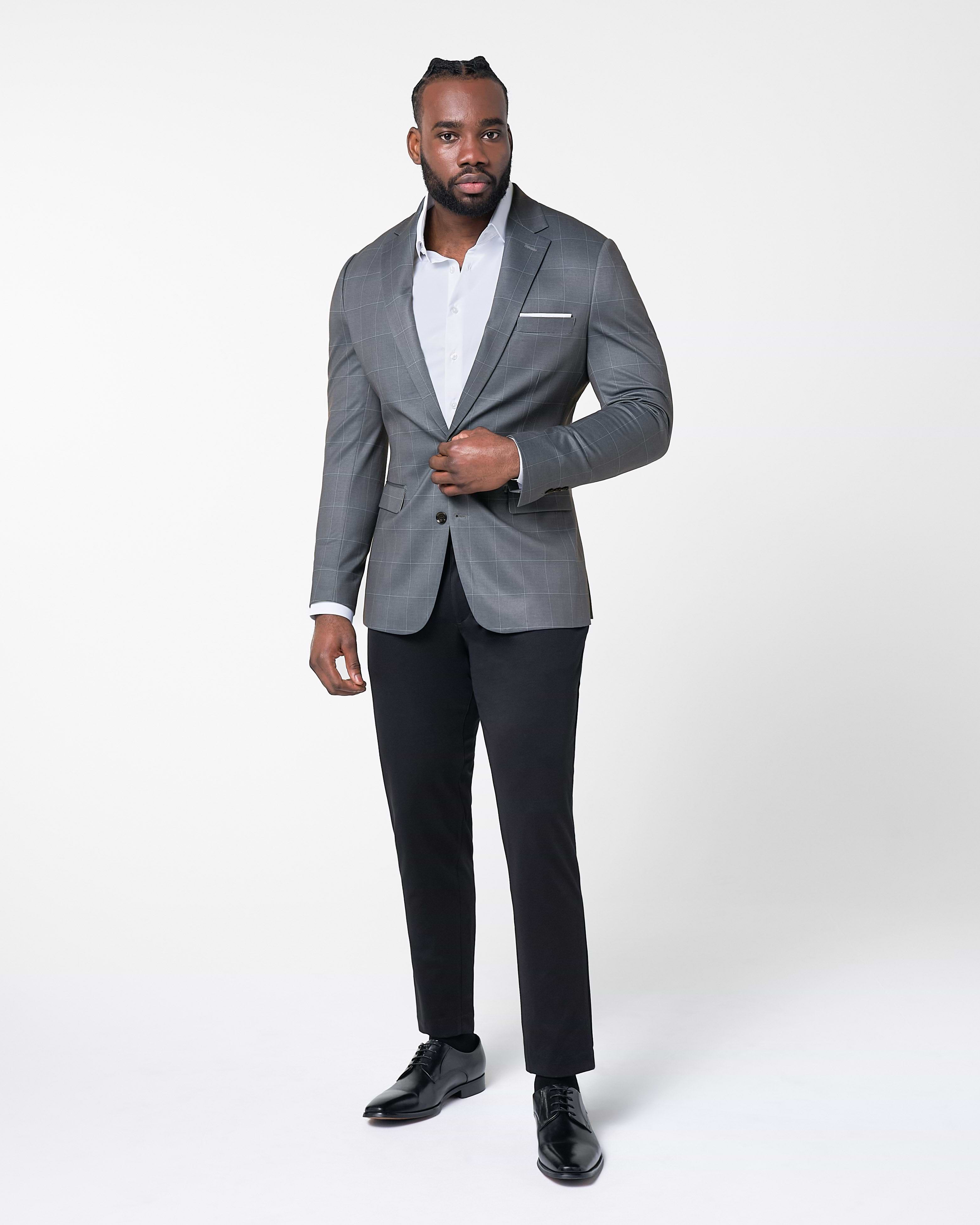 Athletic Fit Stretch Blazer - Grey and White Big Windowpane
