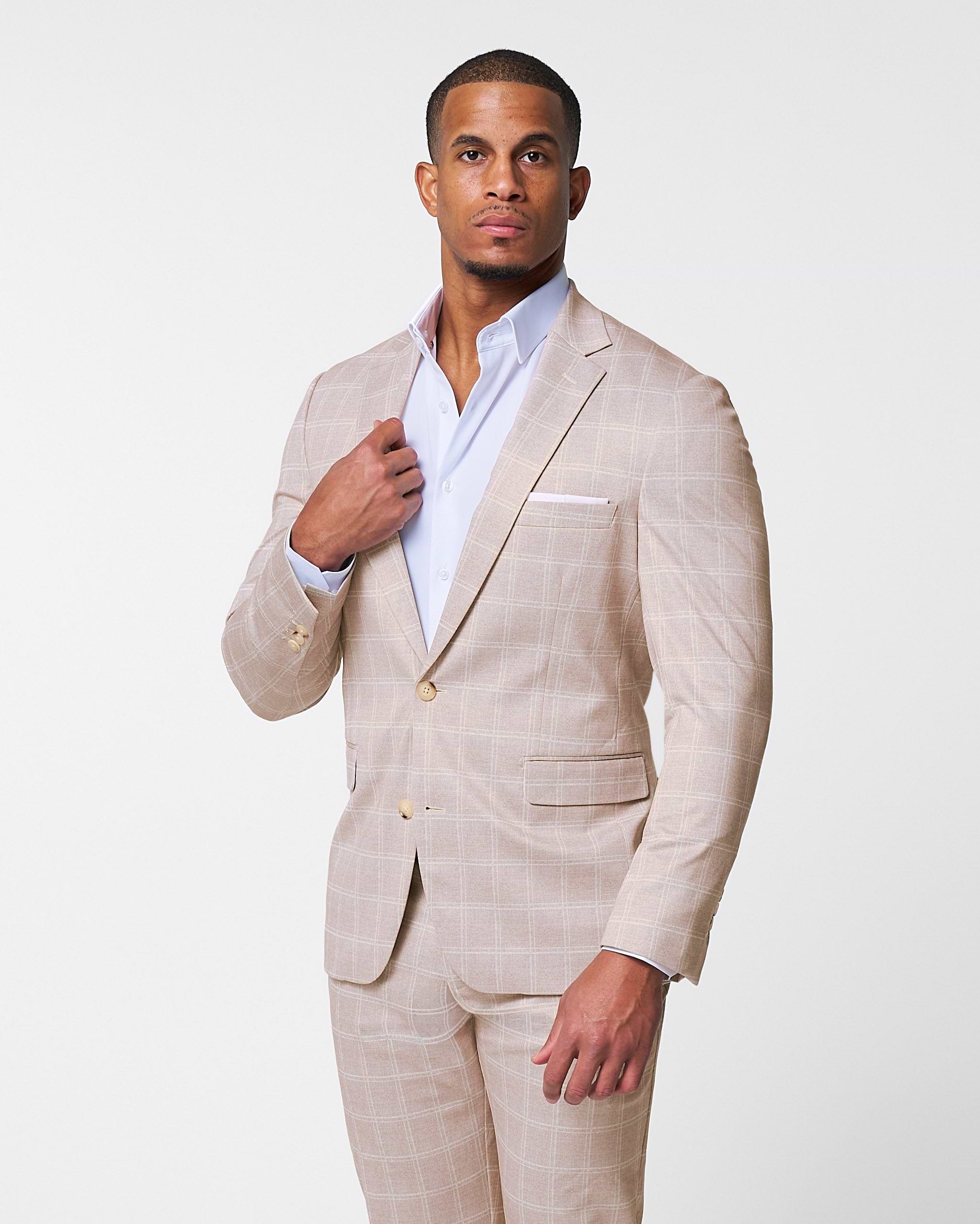 Athletic Fit Stretch Blazer - Tan & White Windowpane