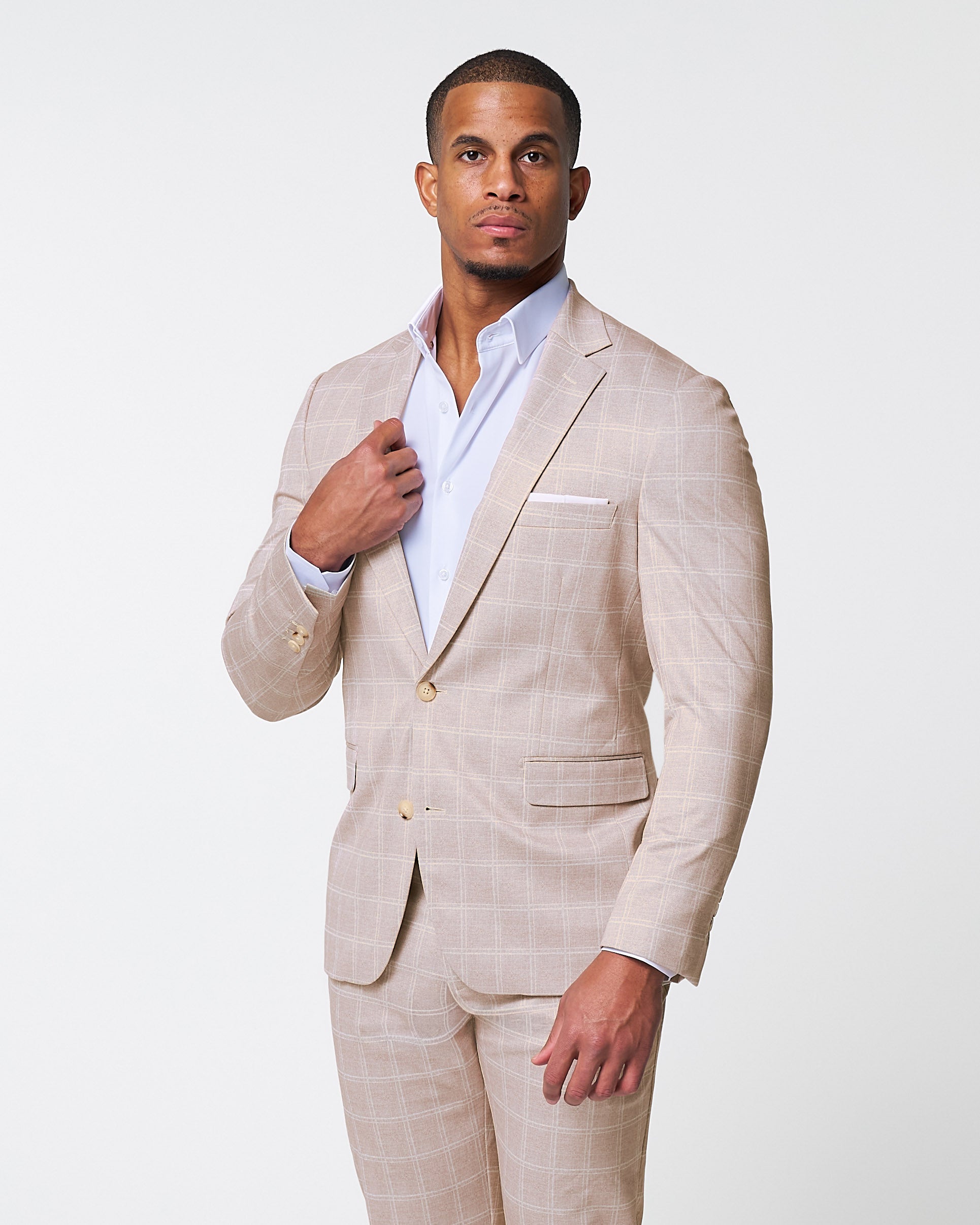 Athletic Fit Stretch Blazer - Tan & White Windowpane