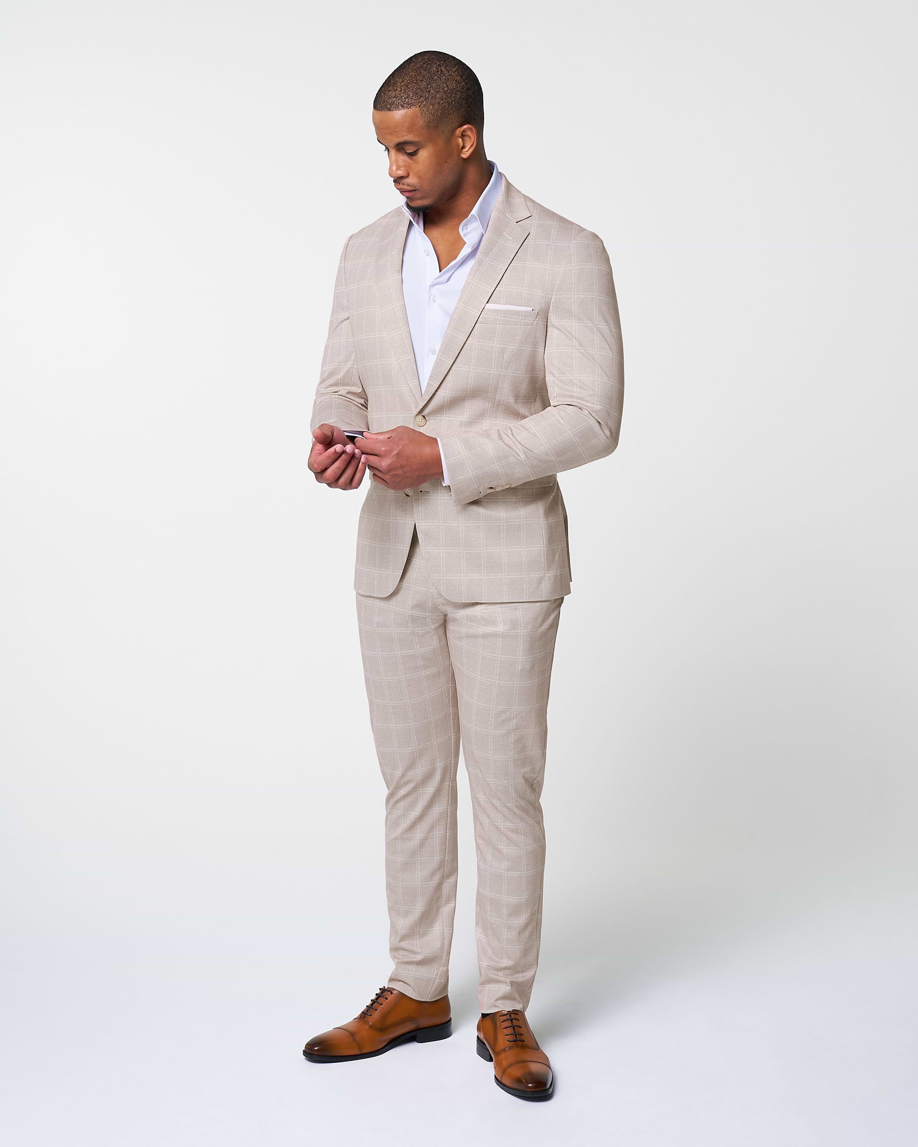 Athletic Fit Stretch Blazer - Tan & White Windowpane