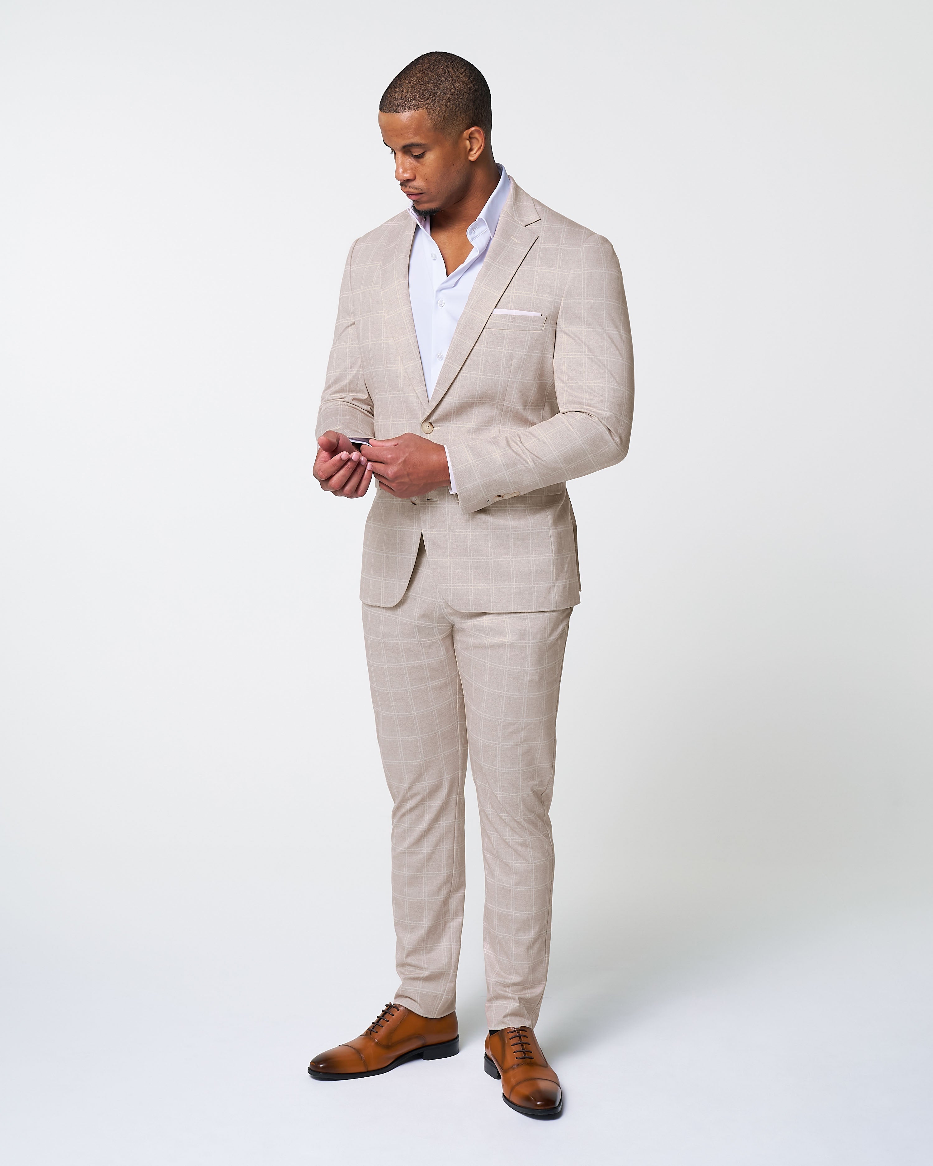 Athletic Fit Stretch Blazer - Tan & White Windowpane