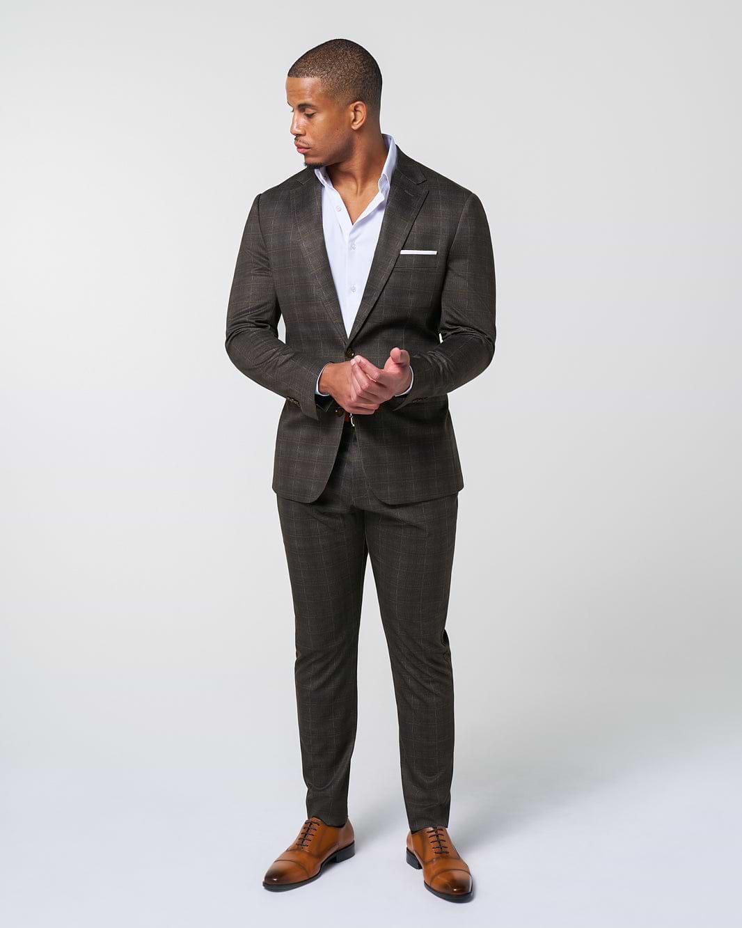 Athletic Fit Stretch Suit Pants - Brown Plaid