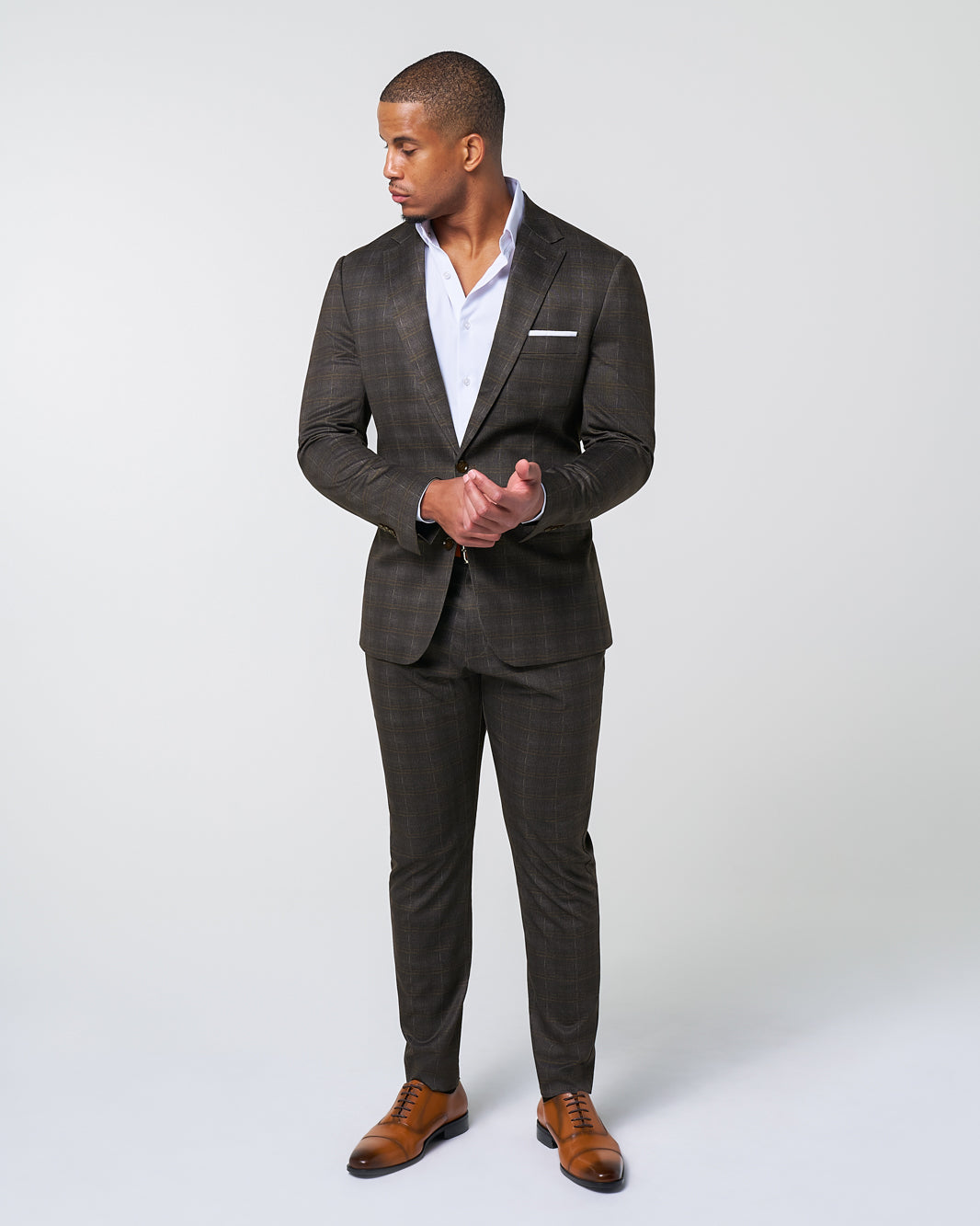 Athletic Fit Stretch Suit Pants - Brown Plaid