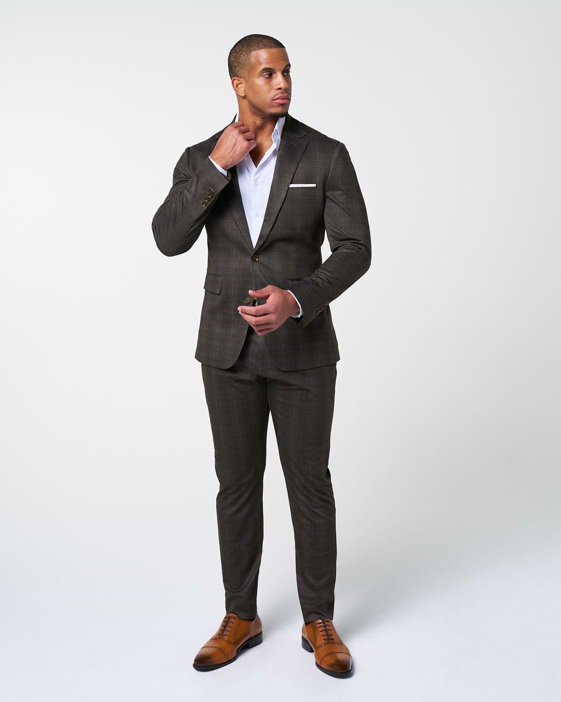 Athletic Fit Stretch Suit Pants - Brown Plaid