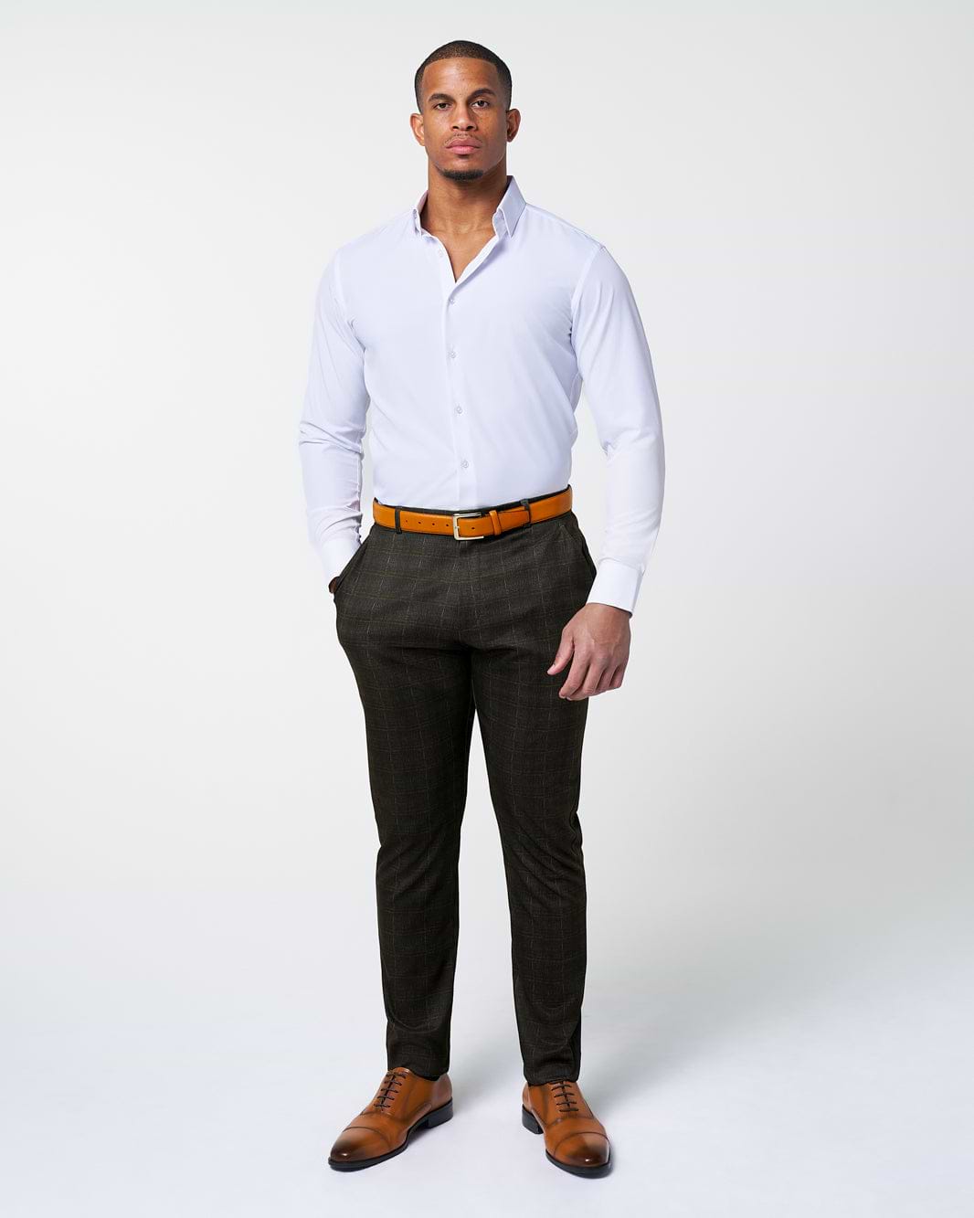 Athletic Fit Stretch Suit Pants - Brown Plaid