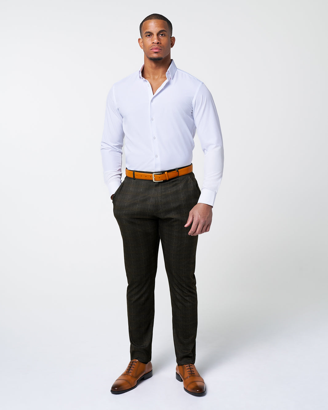 Athletic Fit Stretch Suit Pants - Brown Plaid