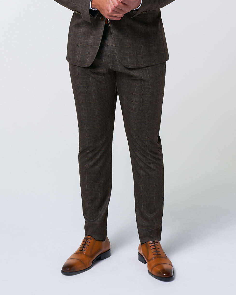 Athletic Fit Stretch Suit Pants - Brown Plaid