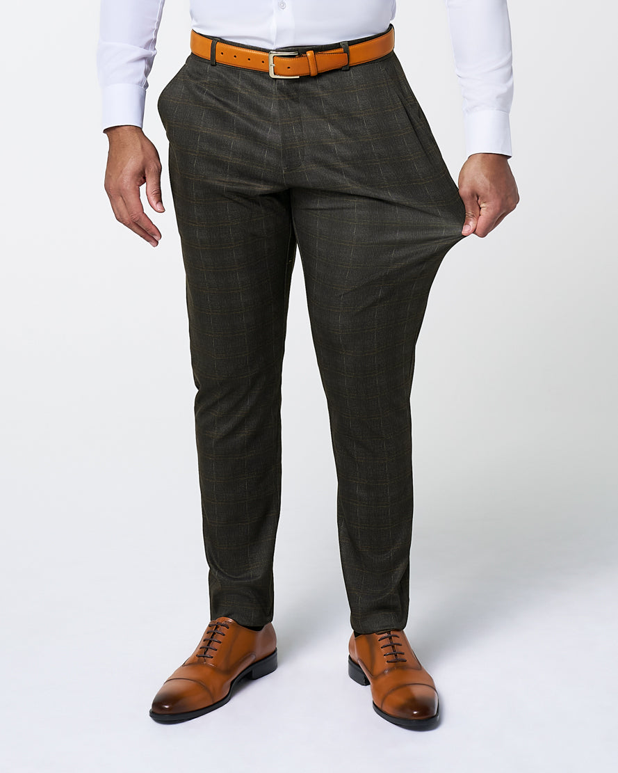 Athletic Fit Stretch Suit Pants - Brown Plaid