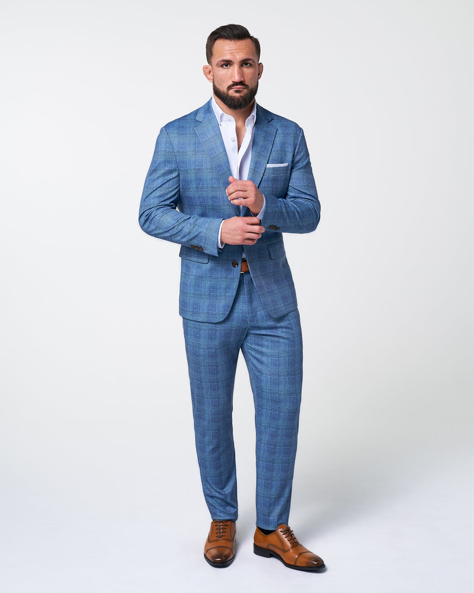 Brushed Tech Suit Pant - Electric Blue Plaid