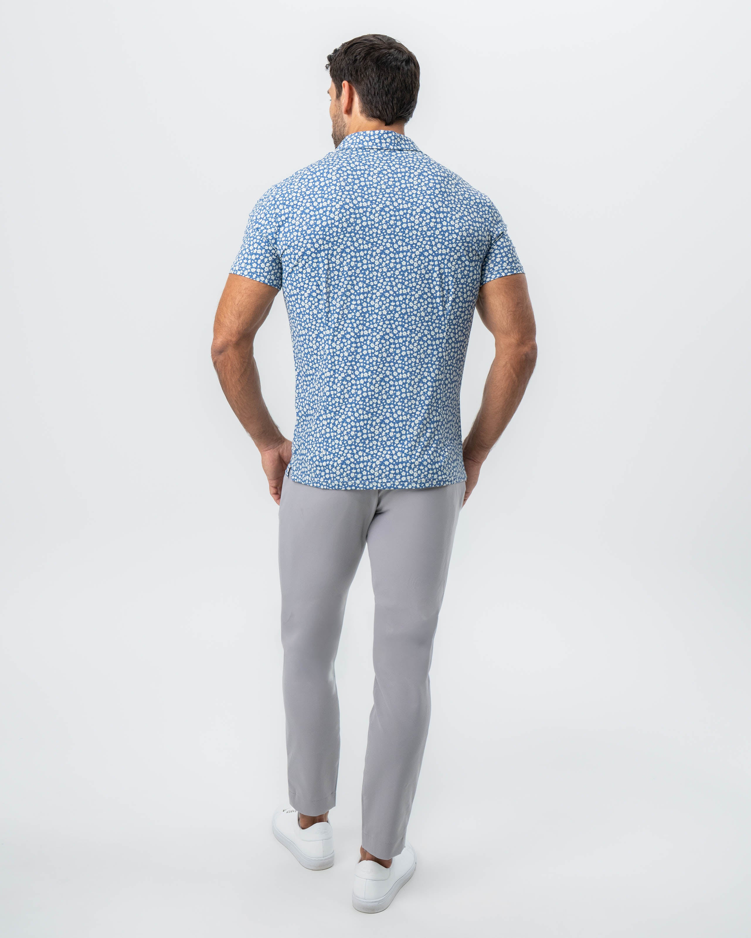 "The Ken" White & Light Blue Floral Print Polo