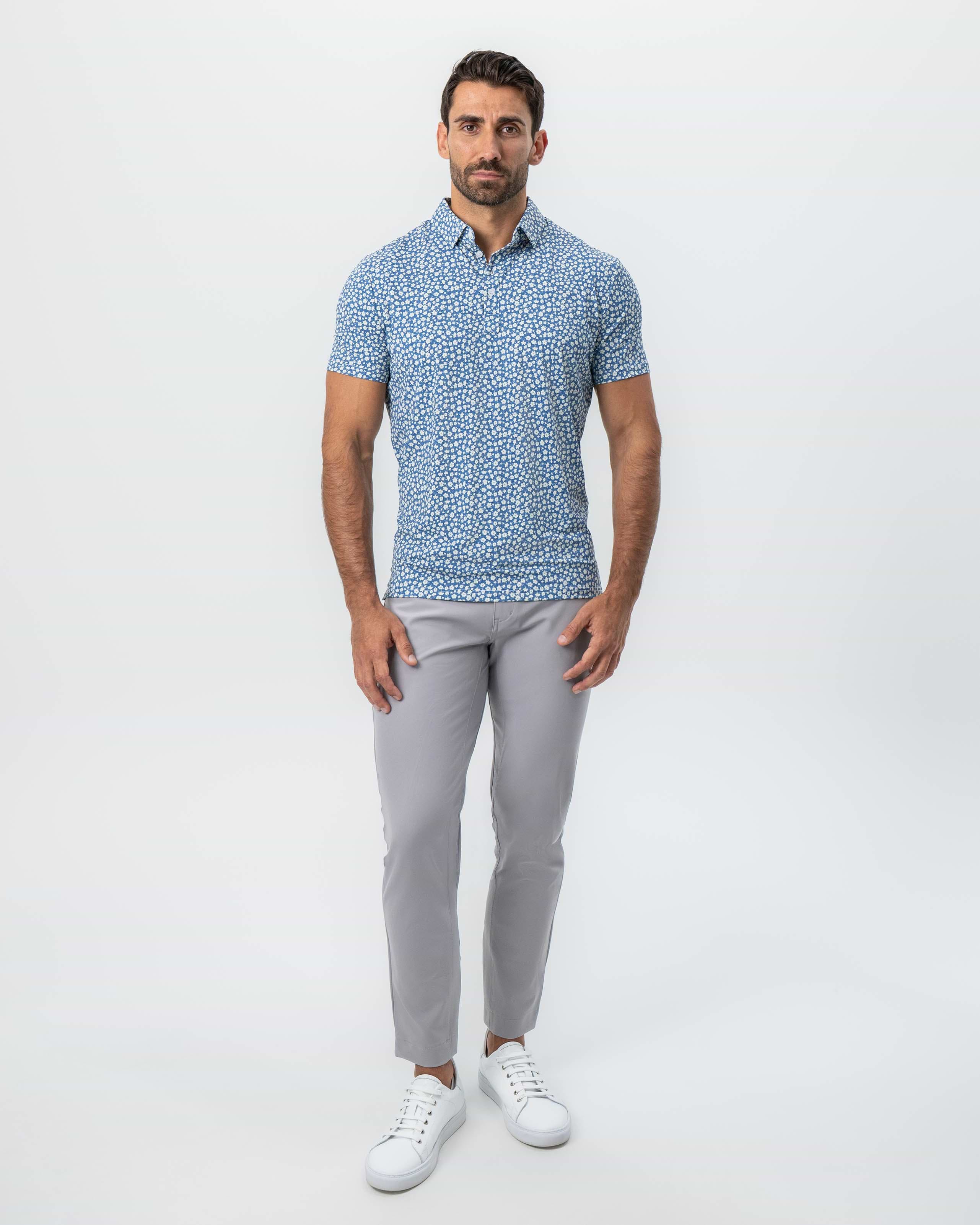 "The Ken" White & Light Blue Floral Print Polo