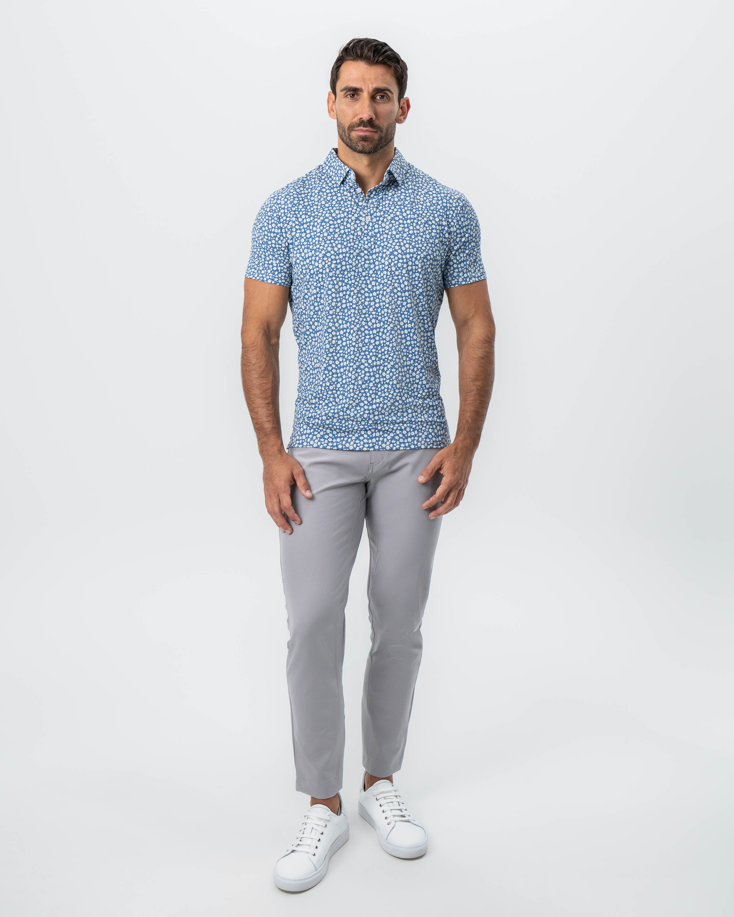 "The Ken" White & Light Blue Floral Print Polo