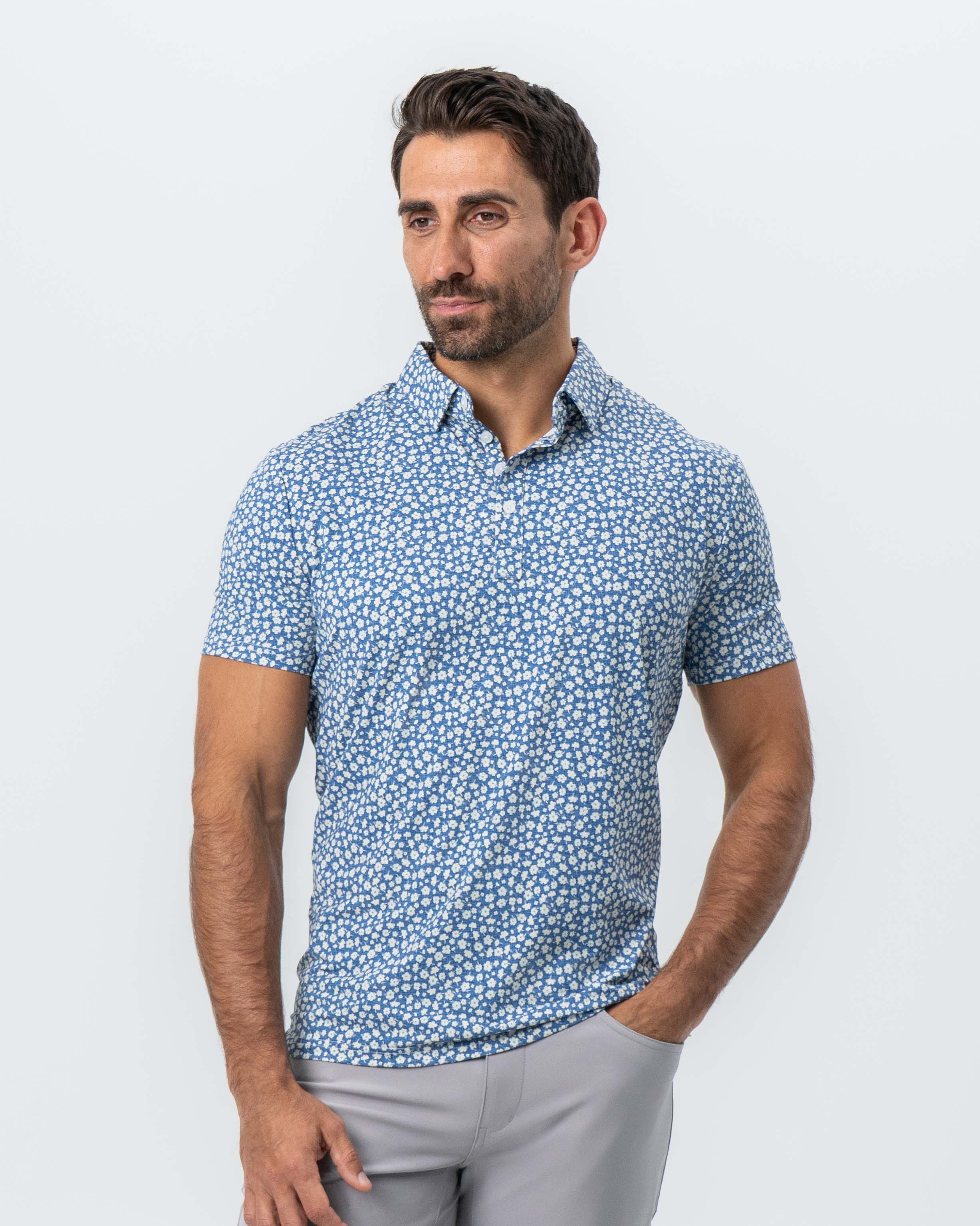"The Ken" White & Light Blue Floral Print Polo