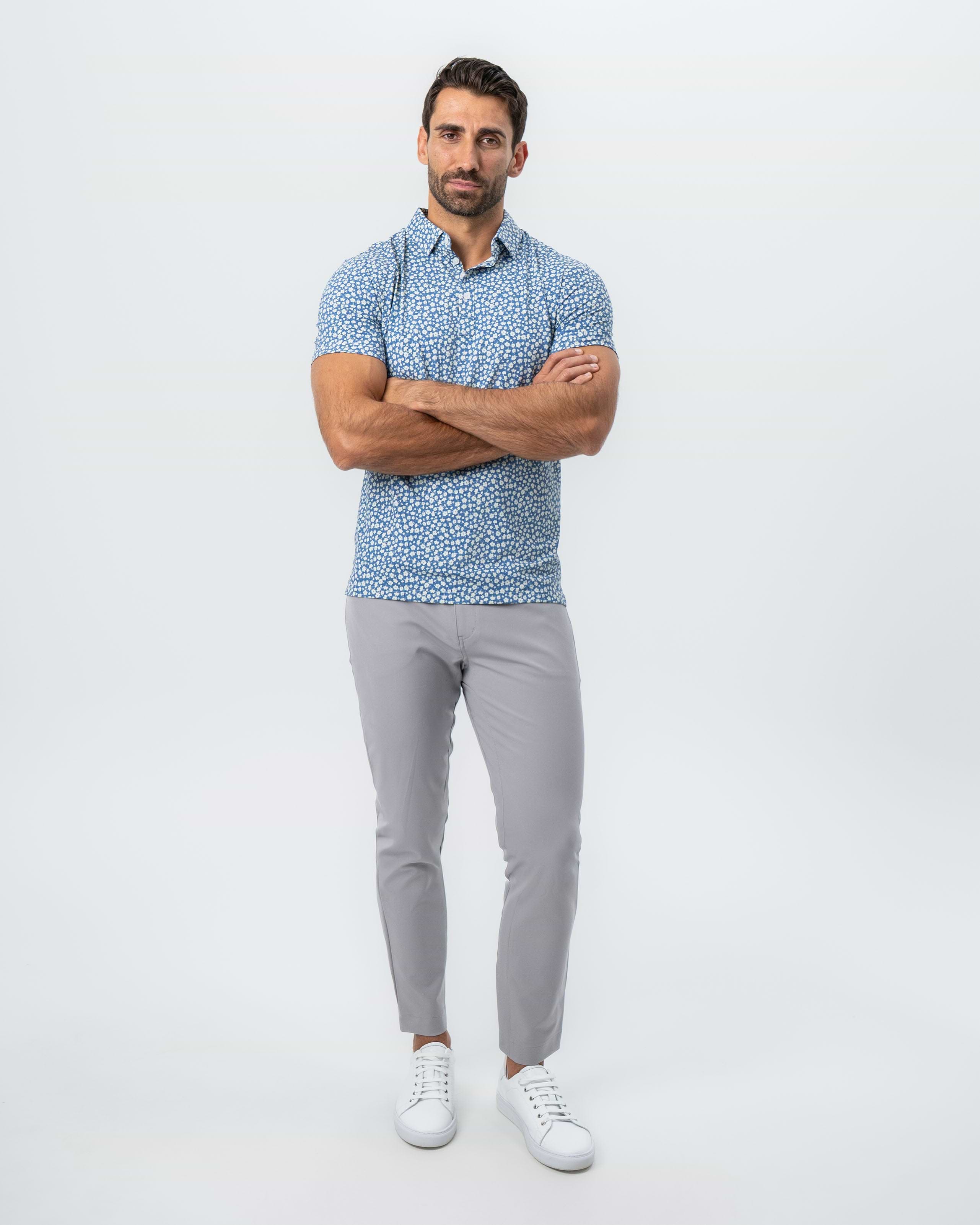 "The Ken" White & Light Blue Floral Print Polo