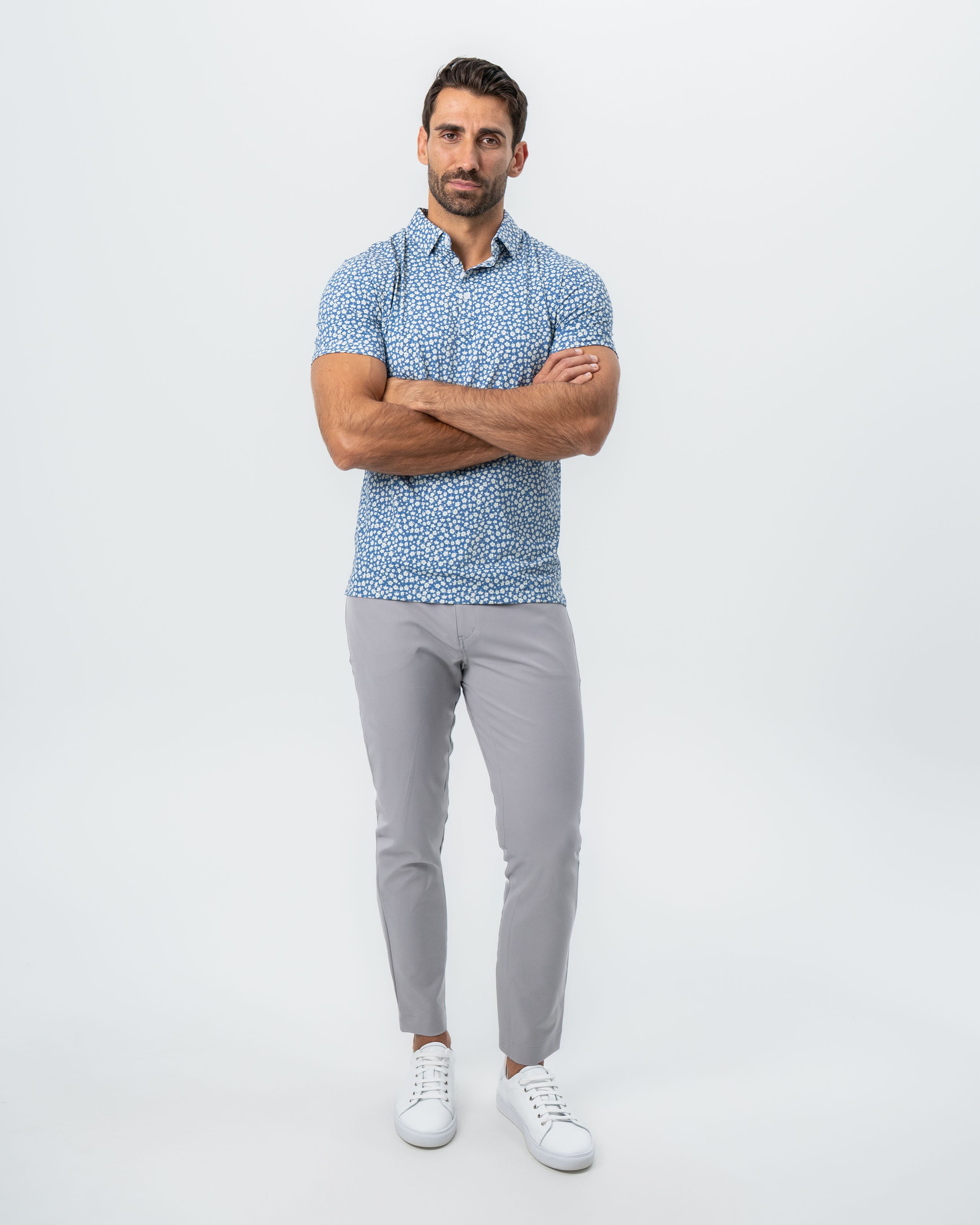 "The Ken" White & Light Blue Floral Print Polo