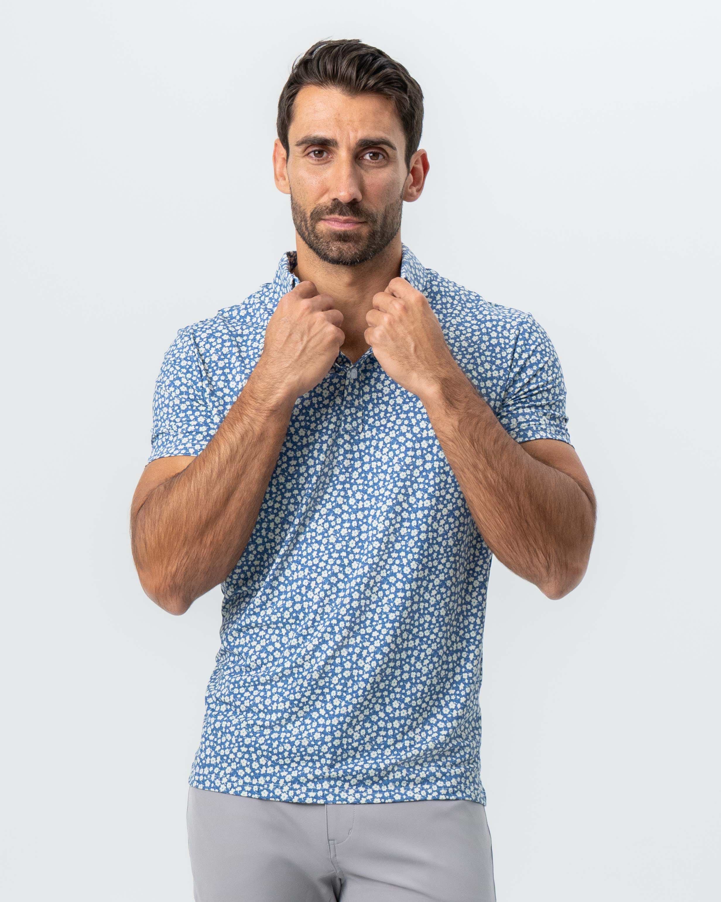 "The Ken" White & Light Blue Floral Print Polo