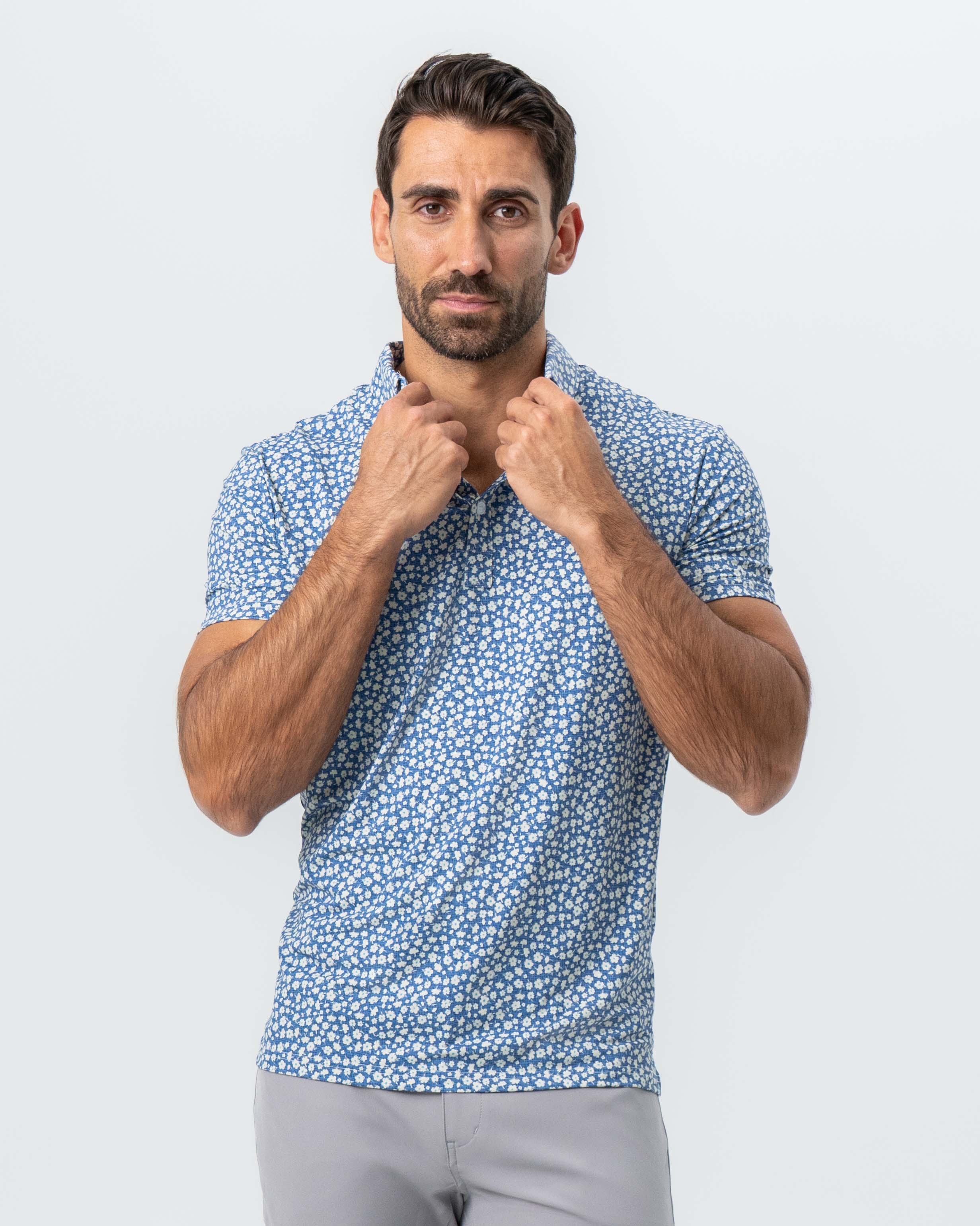 "The Ken" White & Light Blue Floral Print Polo