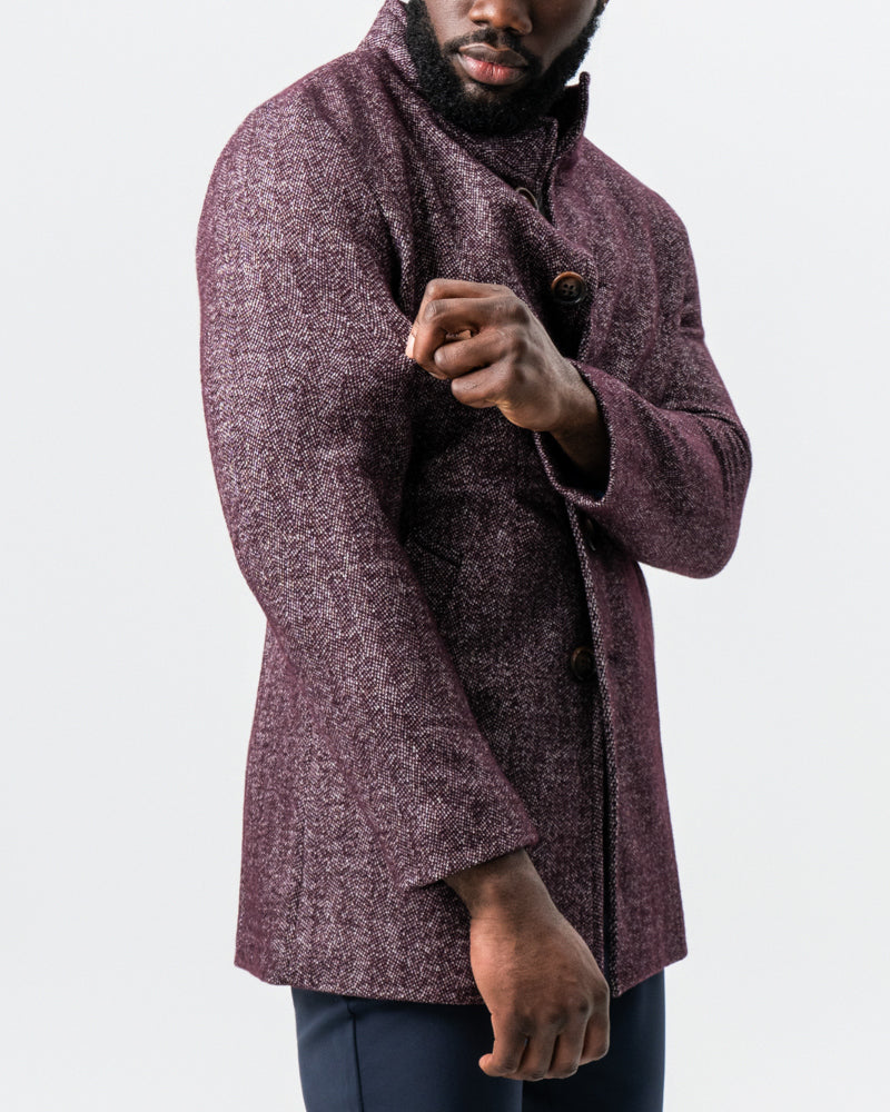 Maroon Herringbone Open Button Overcoat