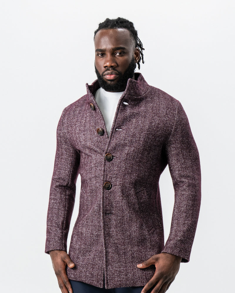 Maroon Herringbone Open Button Overcoat