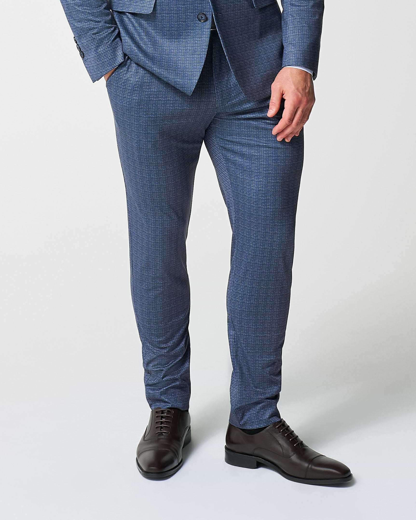 Athletic Fit Stretch Suit Pants - Blue Mini Windowpane with Light Grey Microcheck