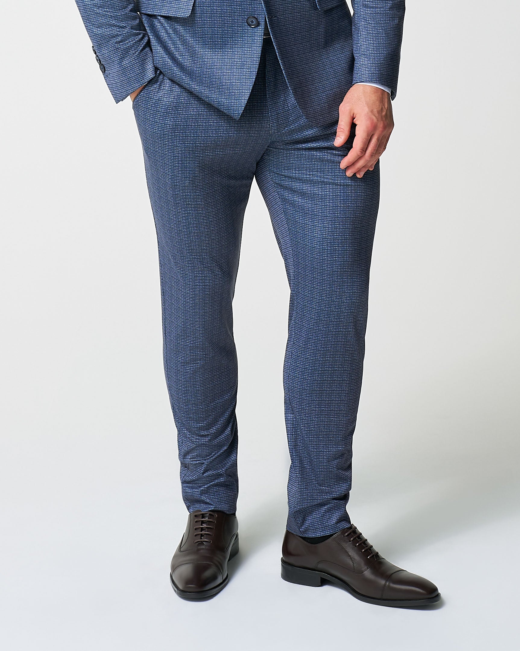 Athletic Fit Stretch Suit Pants - Blue Mini Windowpane with Light Grey Microcheck