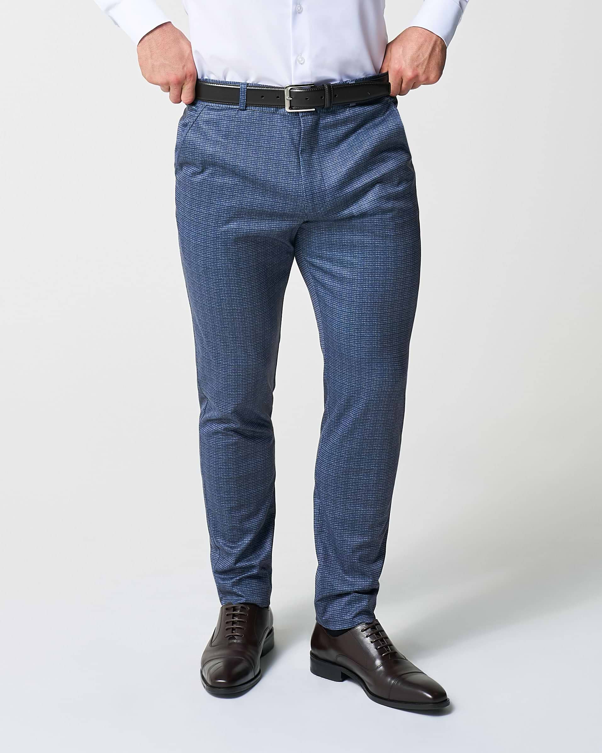 Athletic Fit Stretch Suit Pants - Blue Mini Windowpane with Light Grey Microcheck